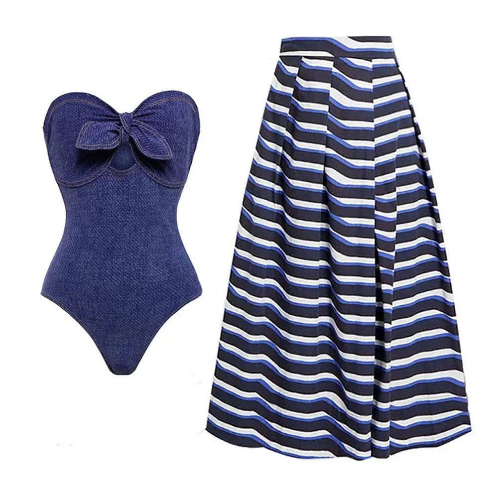 Ultimate Vintage Denim Print One-Piece Swimsuit with Striped Cover-Up Skirt