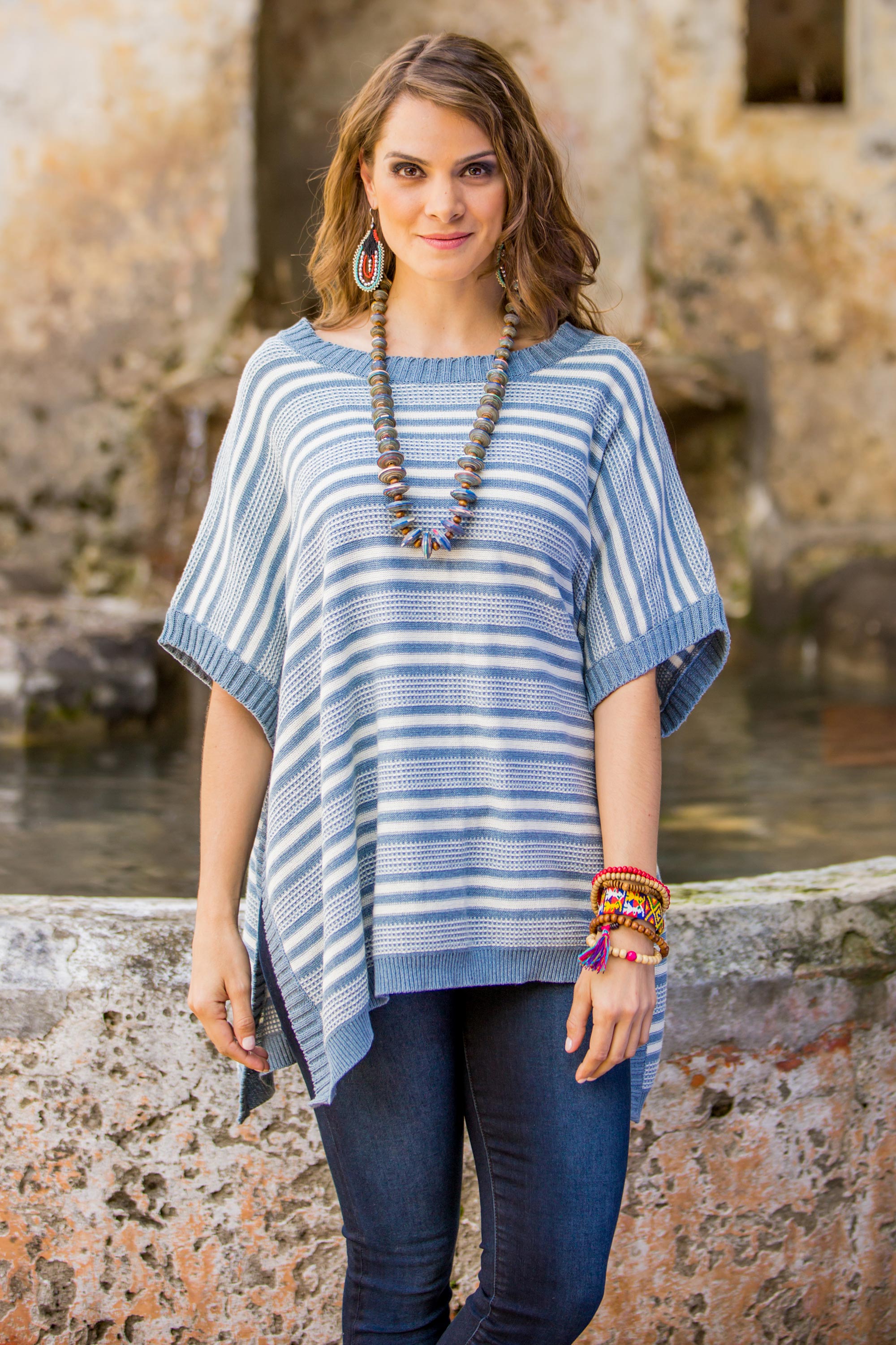 Premium Handwoven Cotton Poncho - Blue Stripes & Eco-Friendly Design