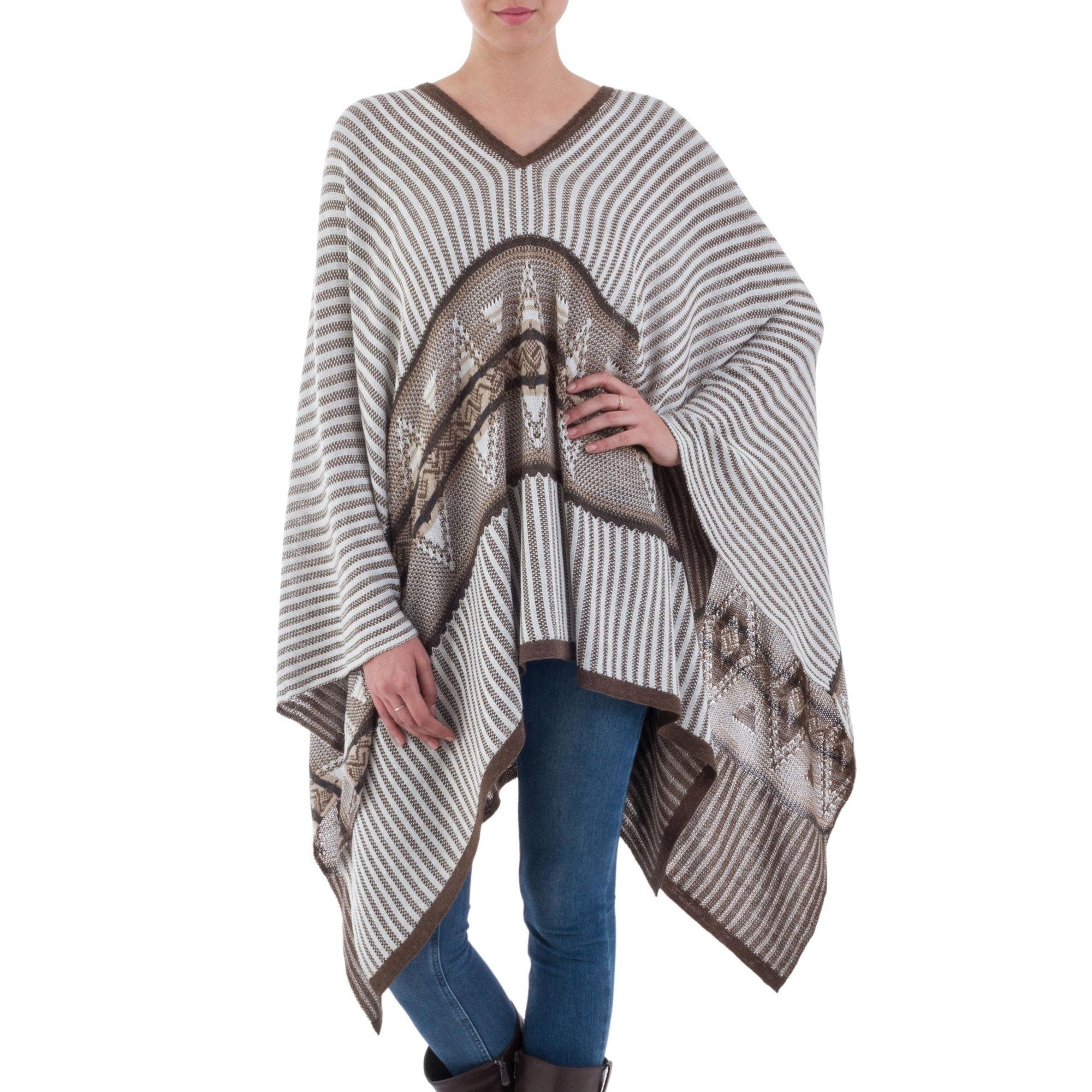 Premium Geometric Striped Bohemian Poncho - Handmade in Peru