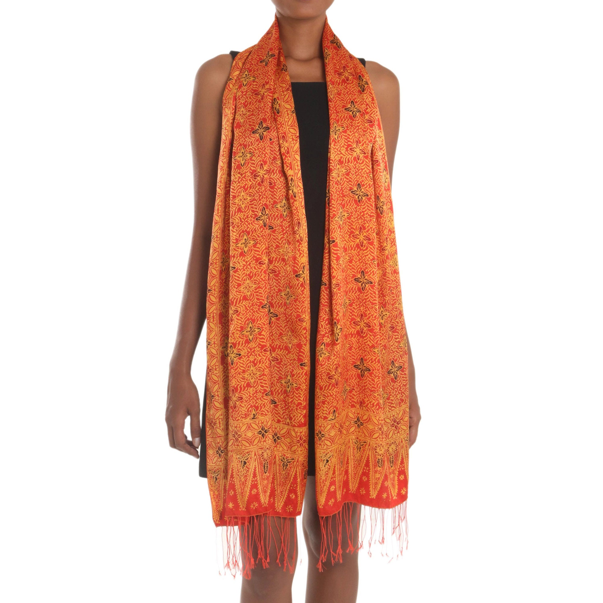 Premium Serene Garden Silk Shawl - Red & Yellow Batik Wrap