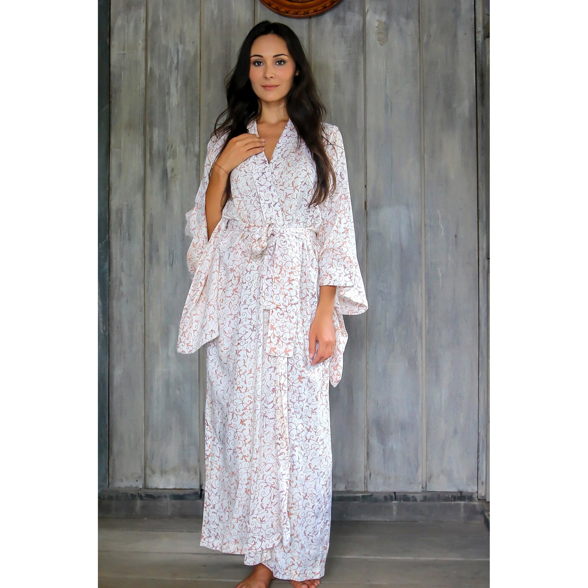 Premium Bali Arabesques White Floral Batik Robe - Ultimate Elegance