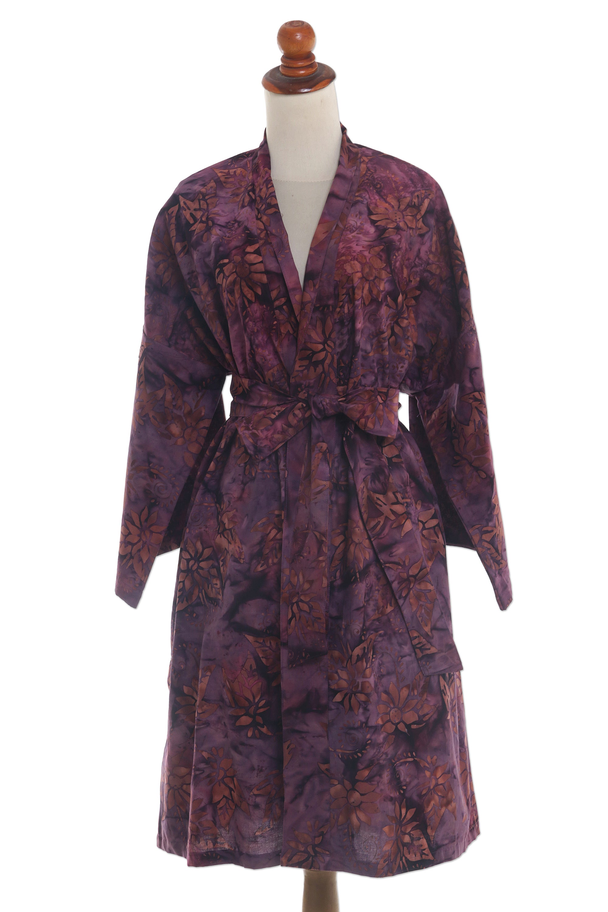 Premium Twilight Bloom Handcrafted Batik Robe – Elegant Purple & Brown Cotton Wrap