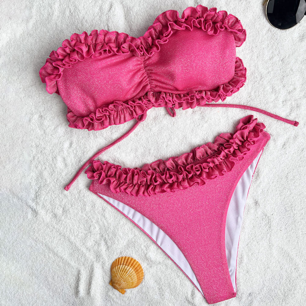 Premium Glittering Ruffle Bikini Set - Low Rise Cheeky Brazilian Style