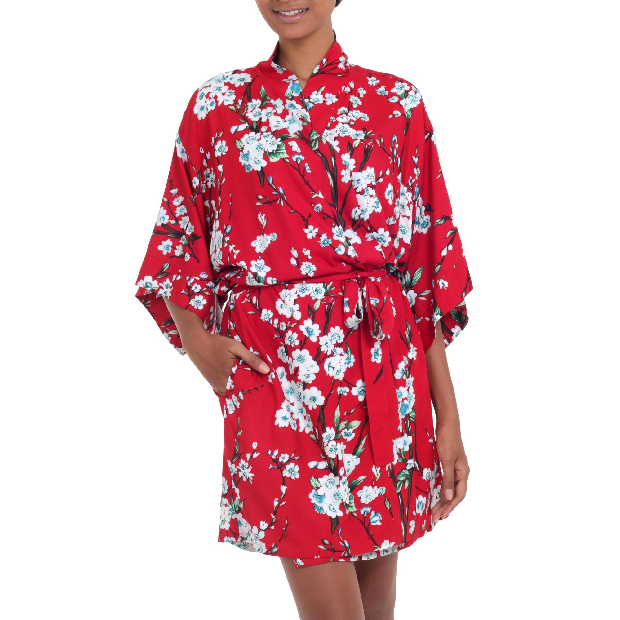 Premium Holy Jasmine Floral Robe - Caribbean Blue & Candy Apple Red