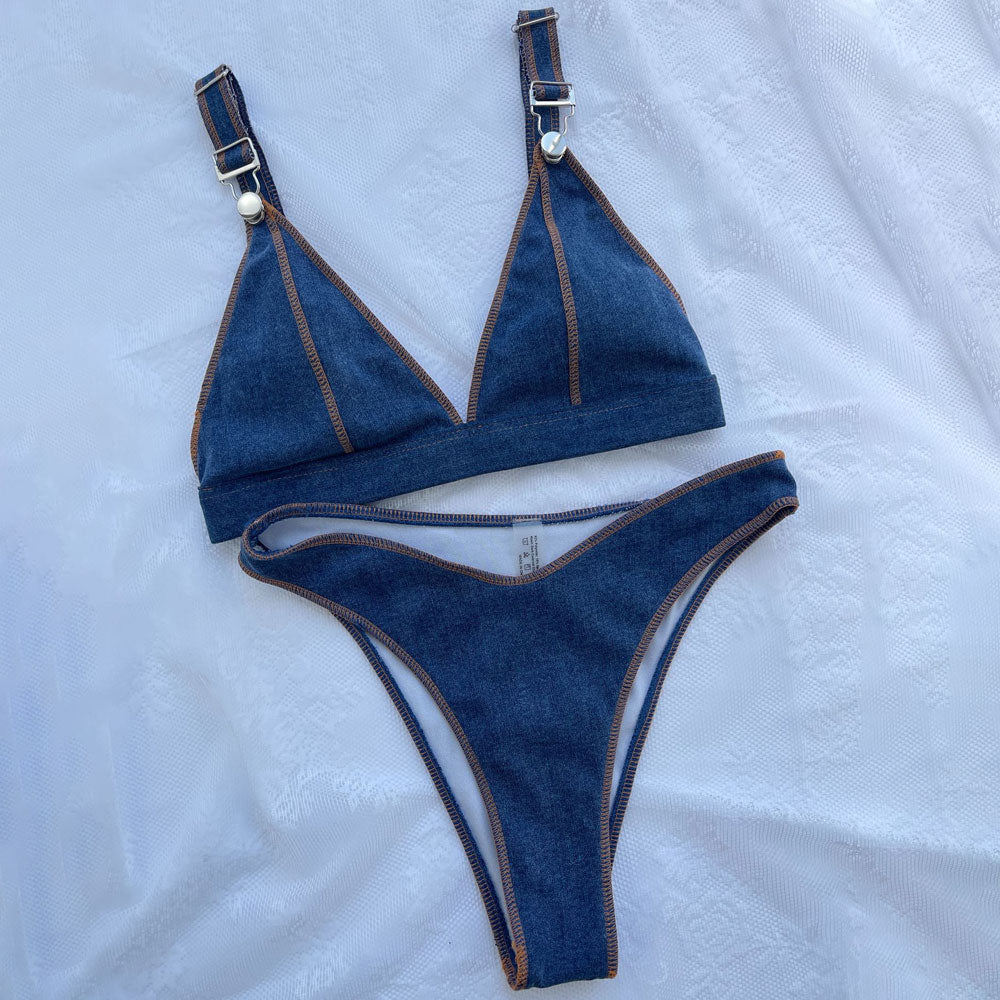 Premium Vintage Denim Triangle Bikini Set - High Cut & Cheeky Brazilian Style