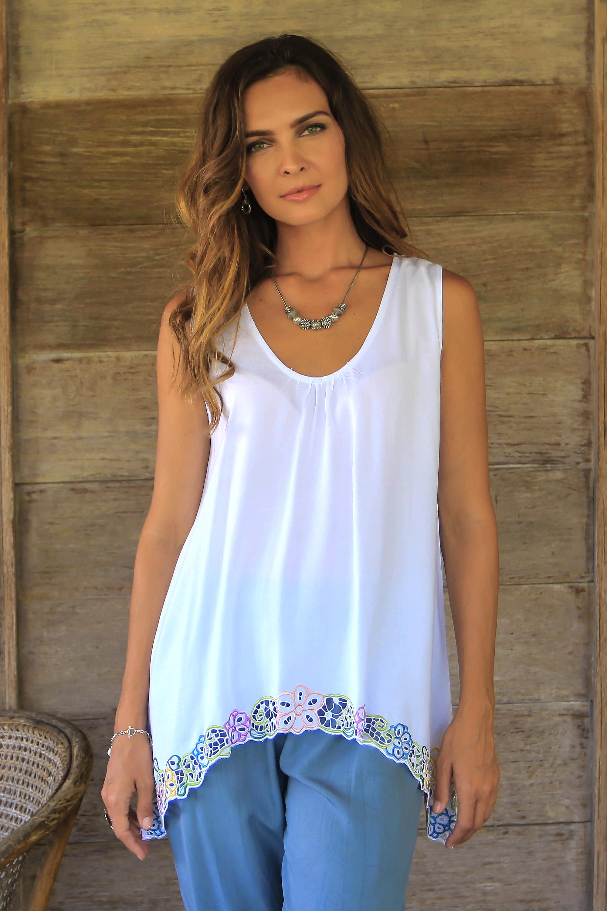 Premium White Floral Embroidered Rayon Blouse - Handcrafted in Bali