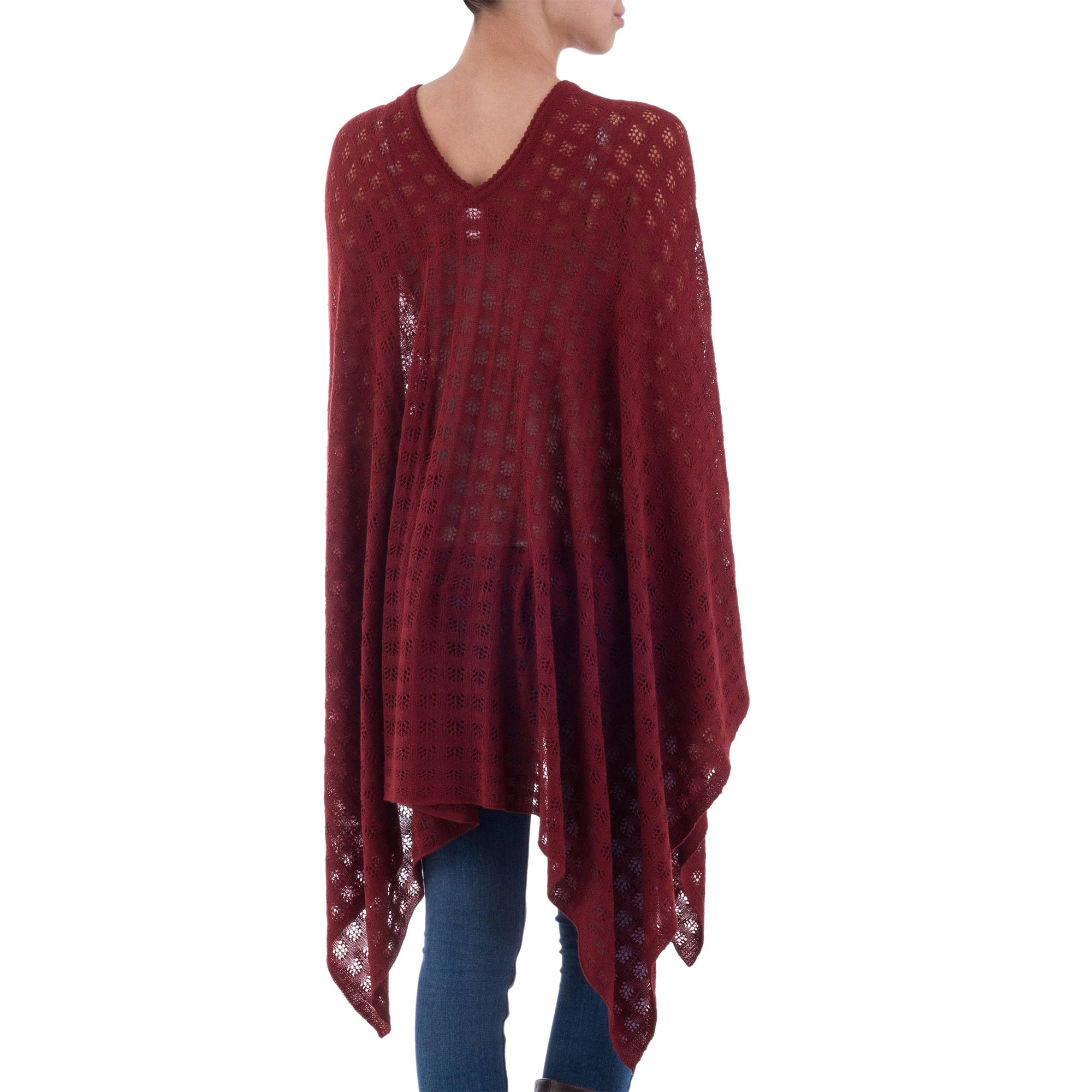 Premium Burgundy Alpaca Bohemian Poncho - Handmade by Peruvian Artisans