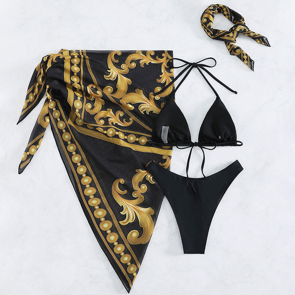 Premium Ethnic Floral Bikini Set with Mesh Sarong - Ultimate Beachwear Collection