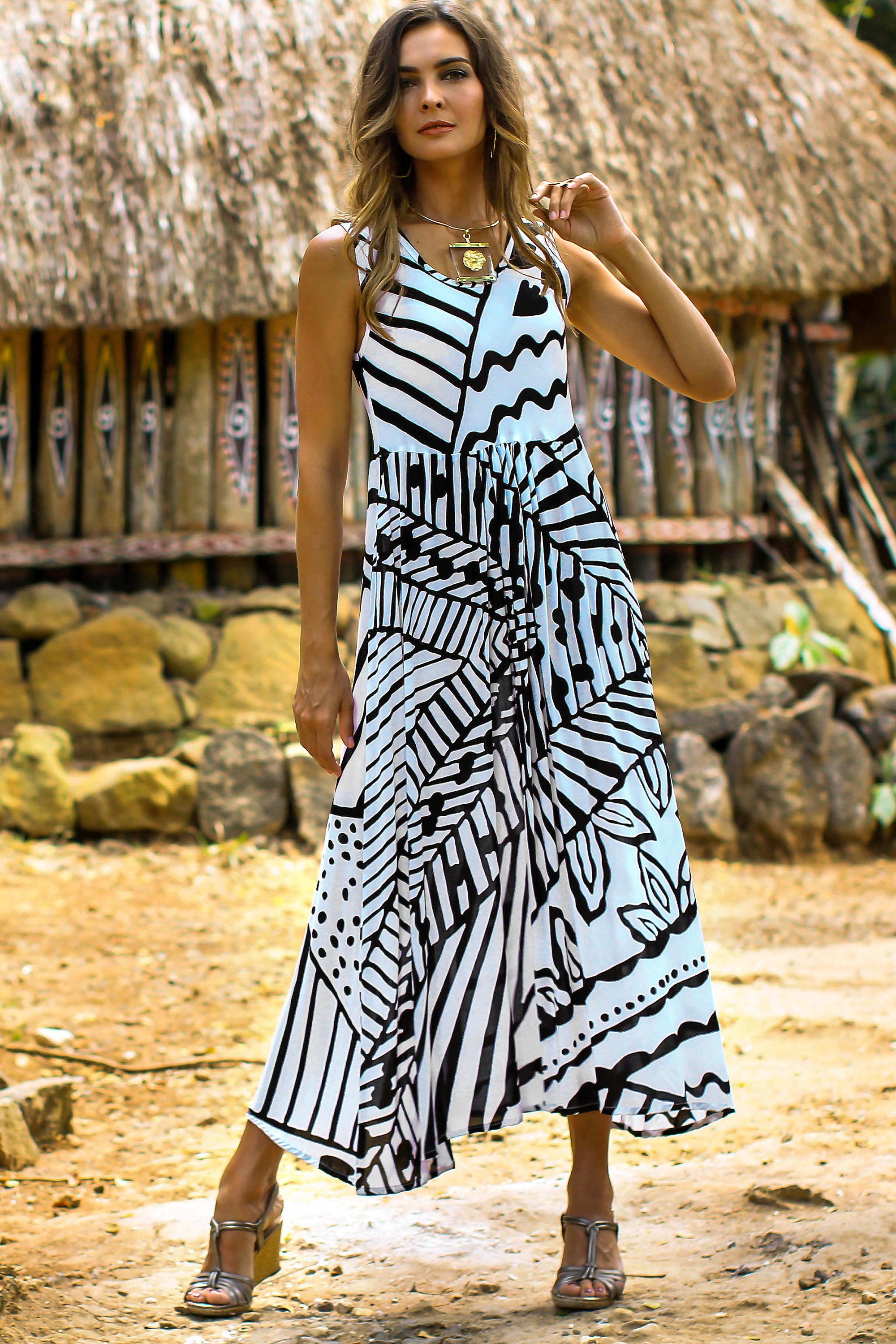 Premium Black & White Jungle Rayon A-Line Dress - Bali Collection