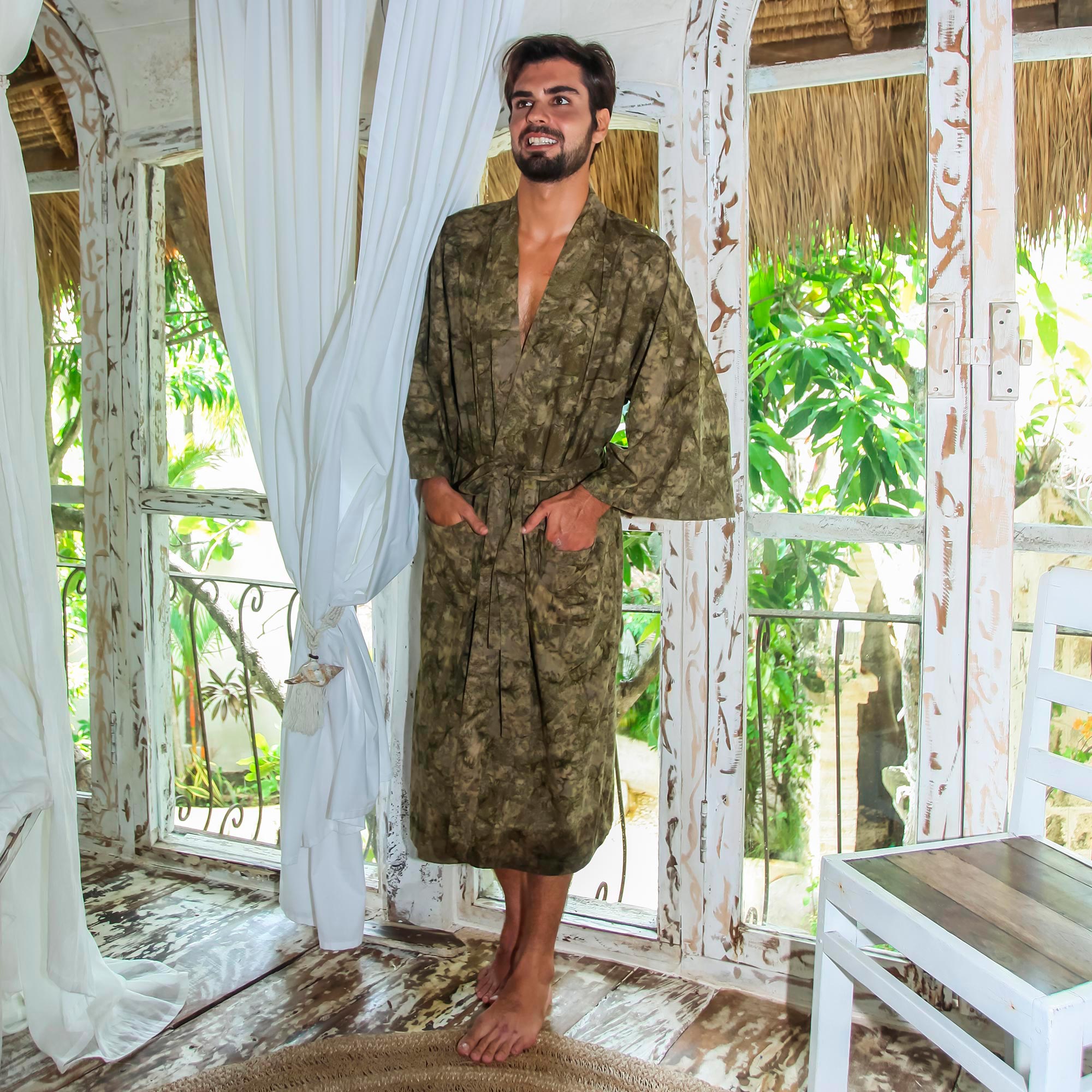 Premium Men's Green Moss Printed Robe - Handmade Luxury