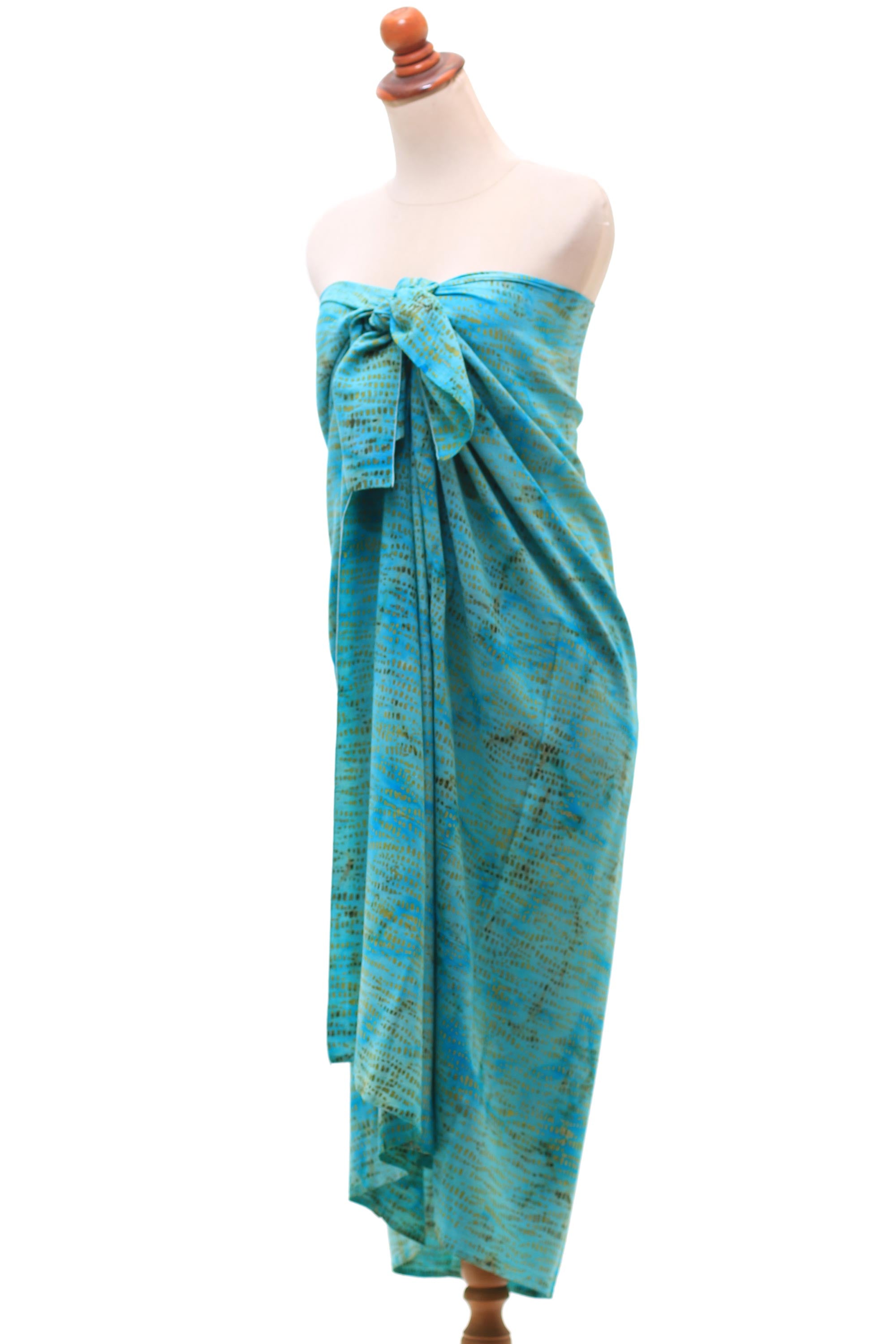 Premium Hand-Stamped Batik Rayon Sarong - Tropical Aqua & Cerulean Design