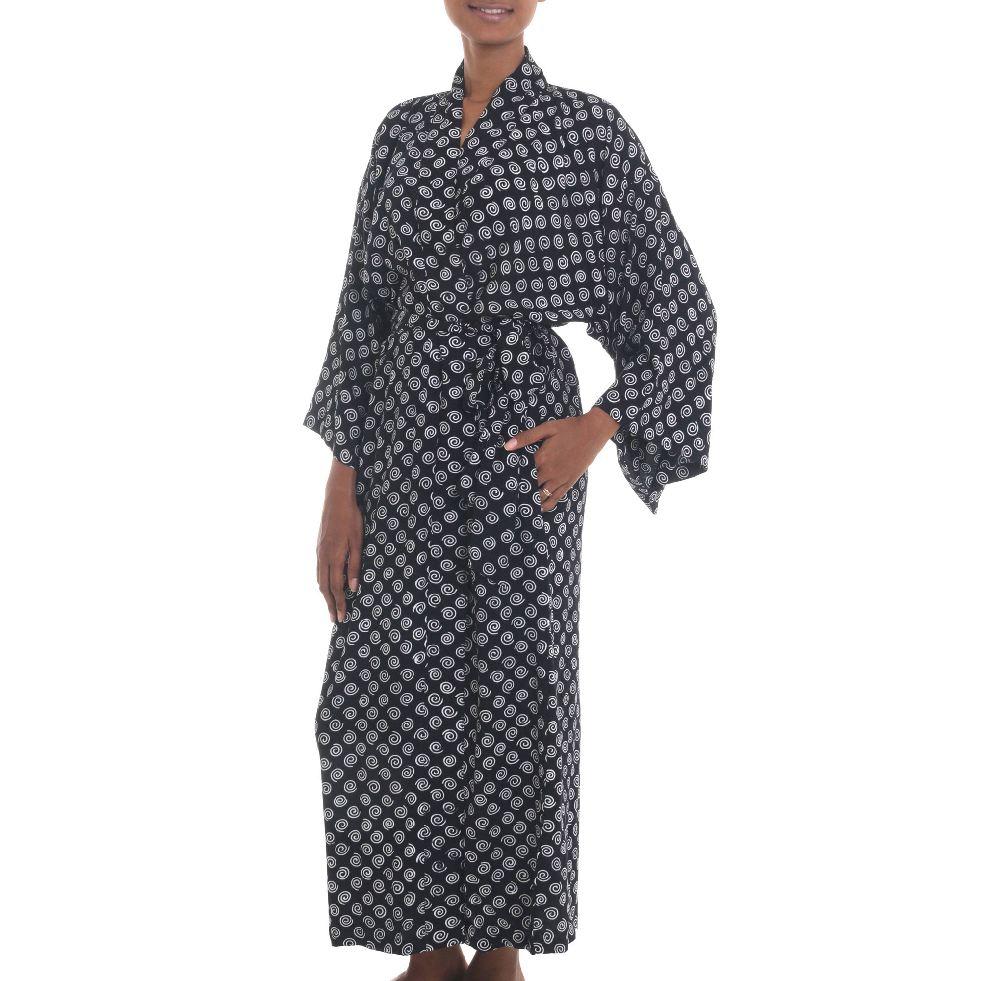 Premium Rayon Robe: Black & White Swirl Design by Nyoman Nadri