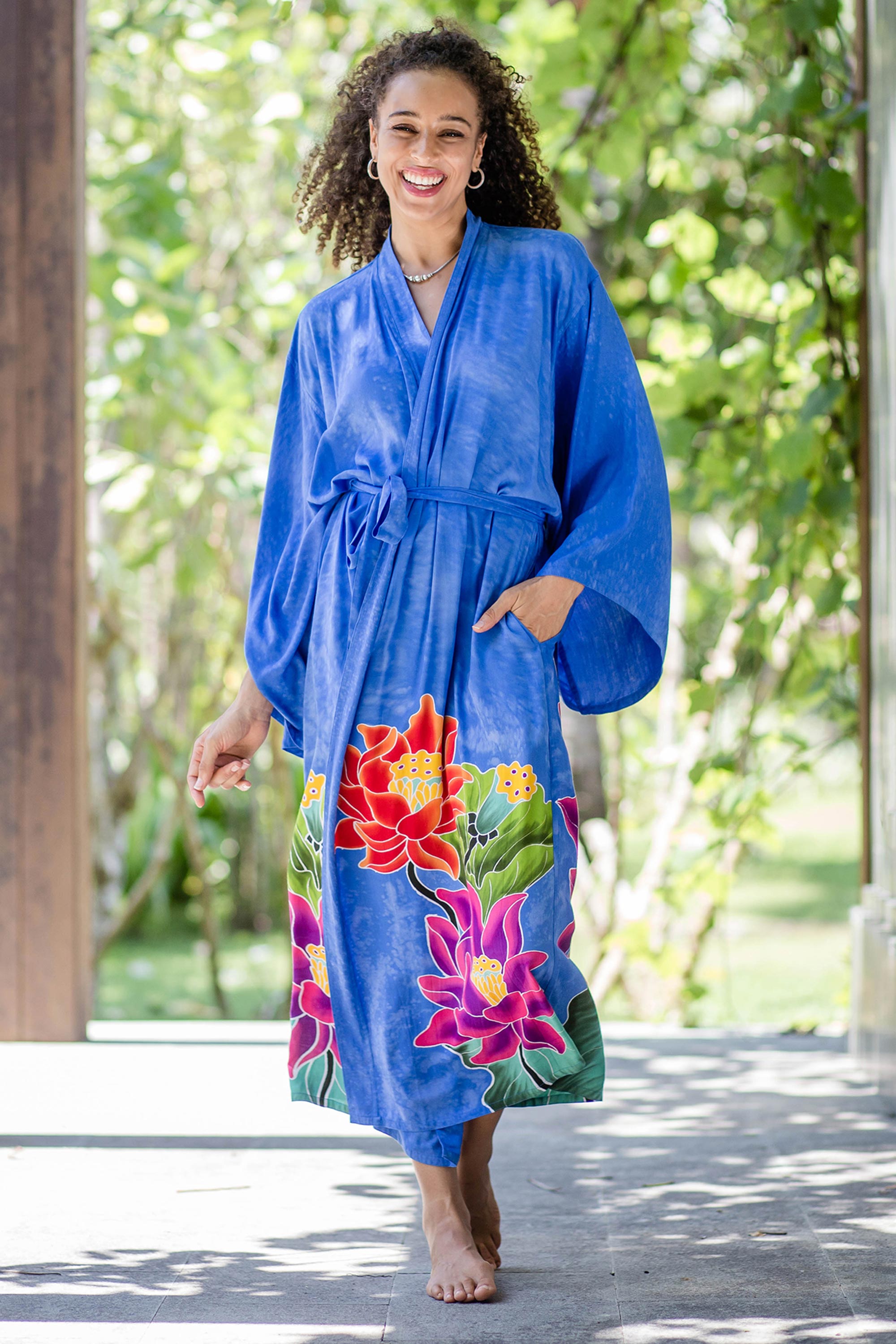 Premium Hand-Painted Floral Rayon Robe - Blue & Multicolor Lotus Design