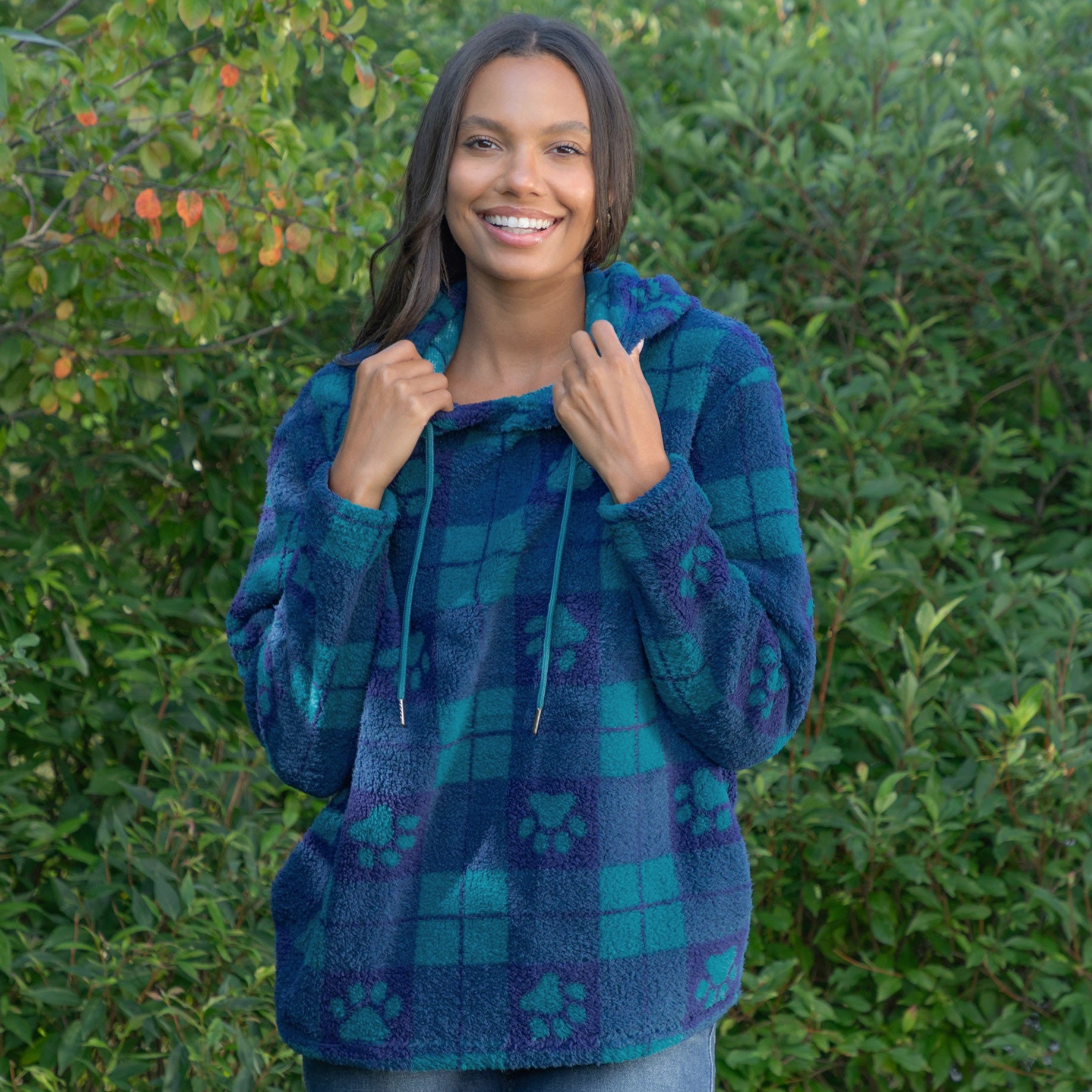 Premium Sherpa Fleece Hoodie with Plaid Paws Design