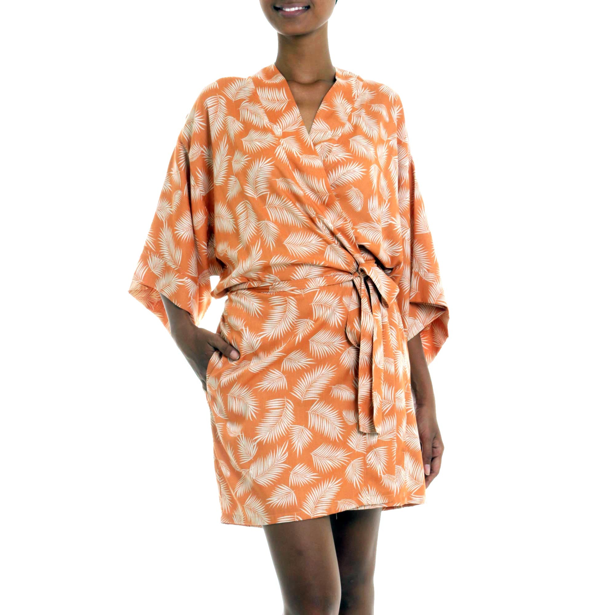 Premium Balinese Rayon Robe - Ivory & Orange Fern Print