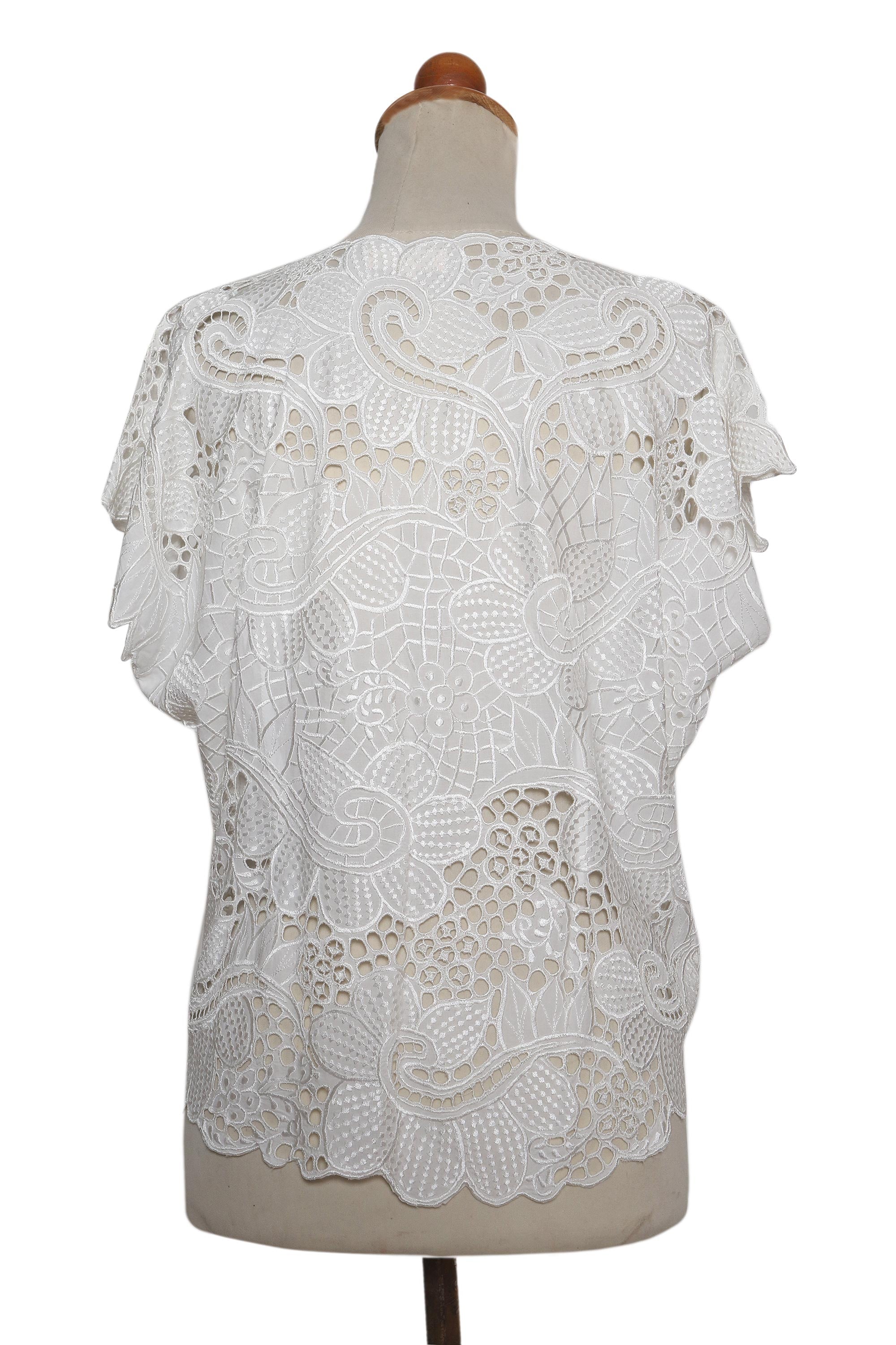 Premium White Rose Mallow Rayon Top with Intricate Embroidery