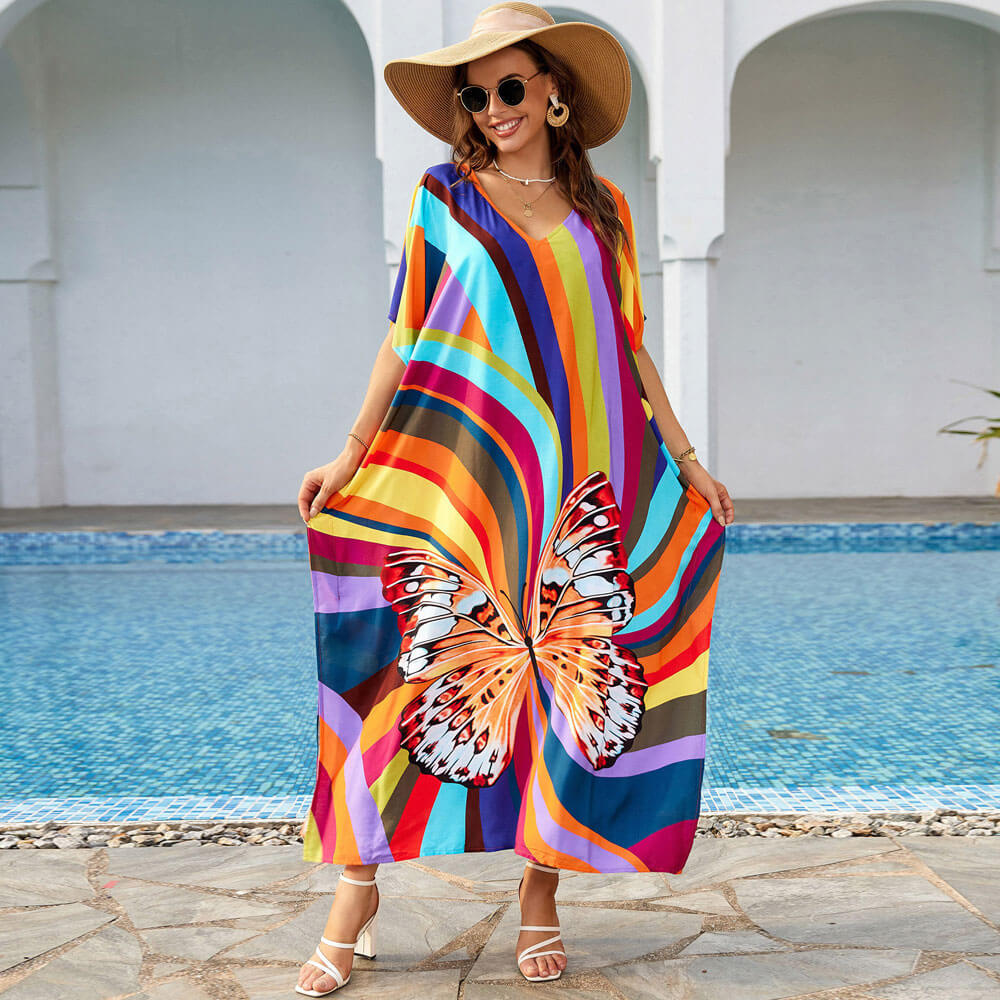 Premium Vivid Butterfly Print Oversized Beach Cover-Up - Brazilian Style