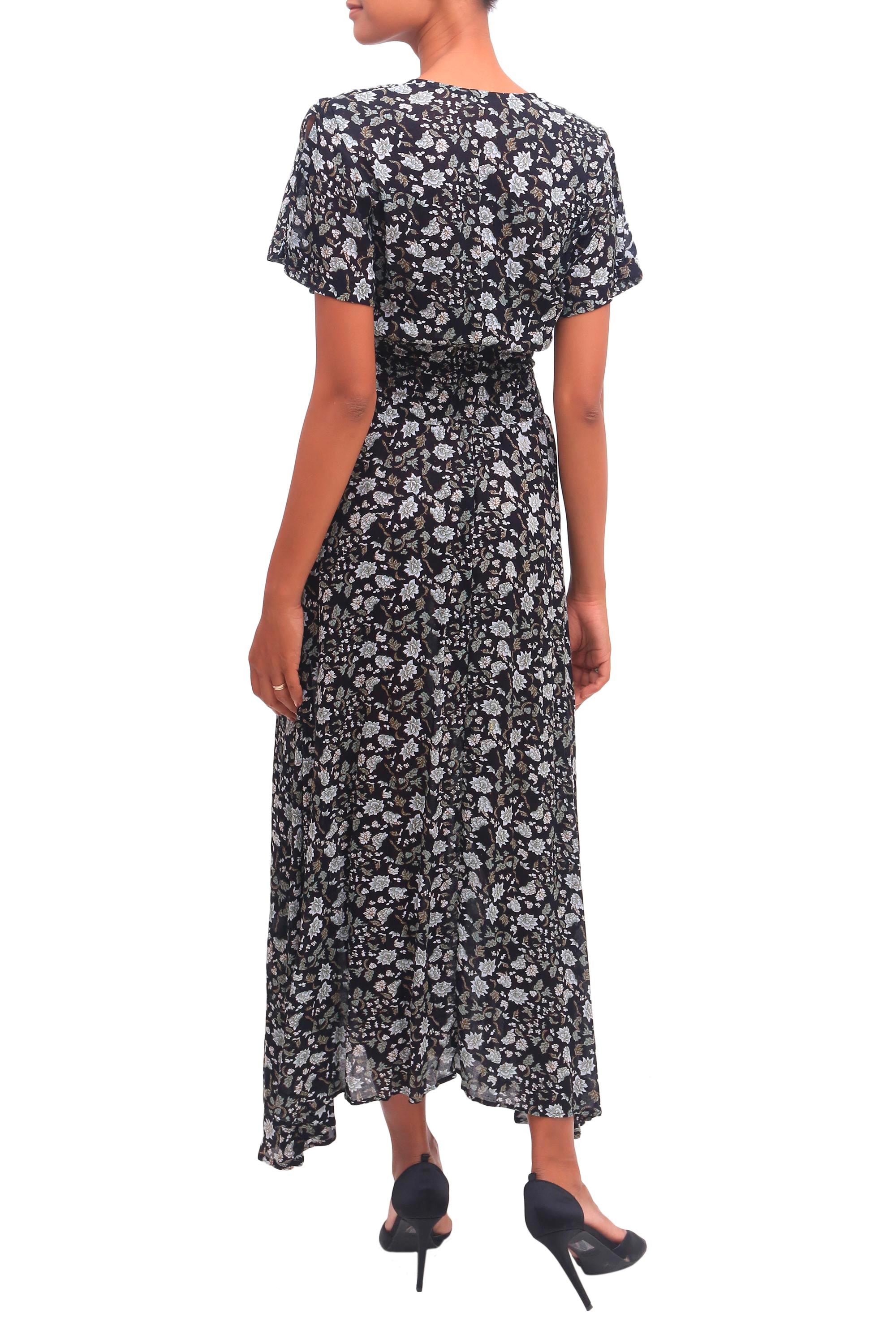 Premium Bali Garden Rayon Dress - White & Olive Floral on Black