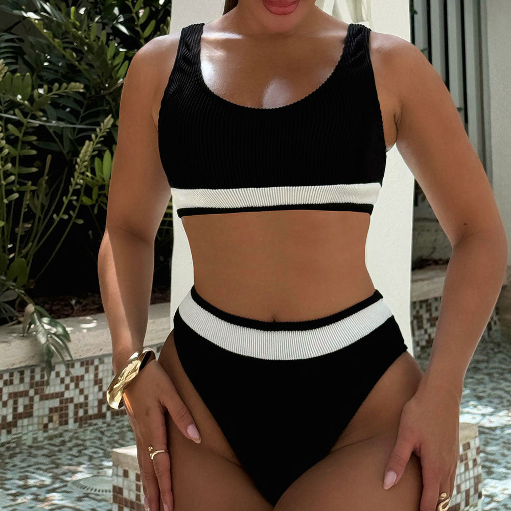 Premium Contrast Ribbed High-Waist Tie-Back Bikini Set