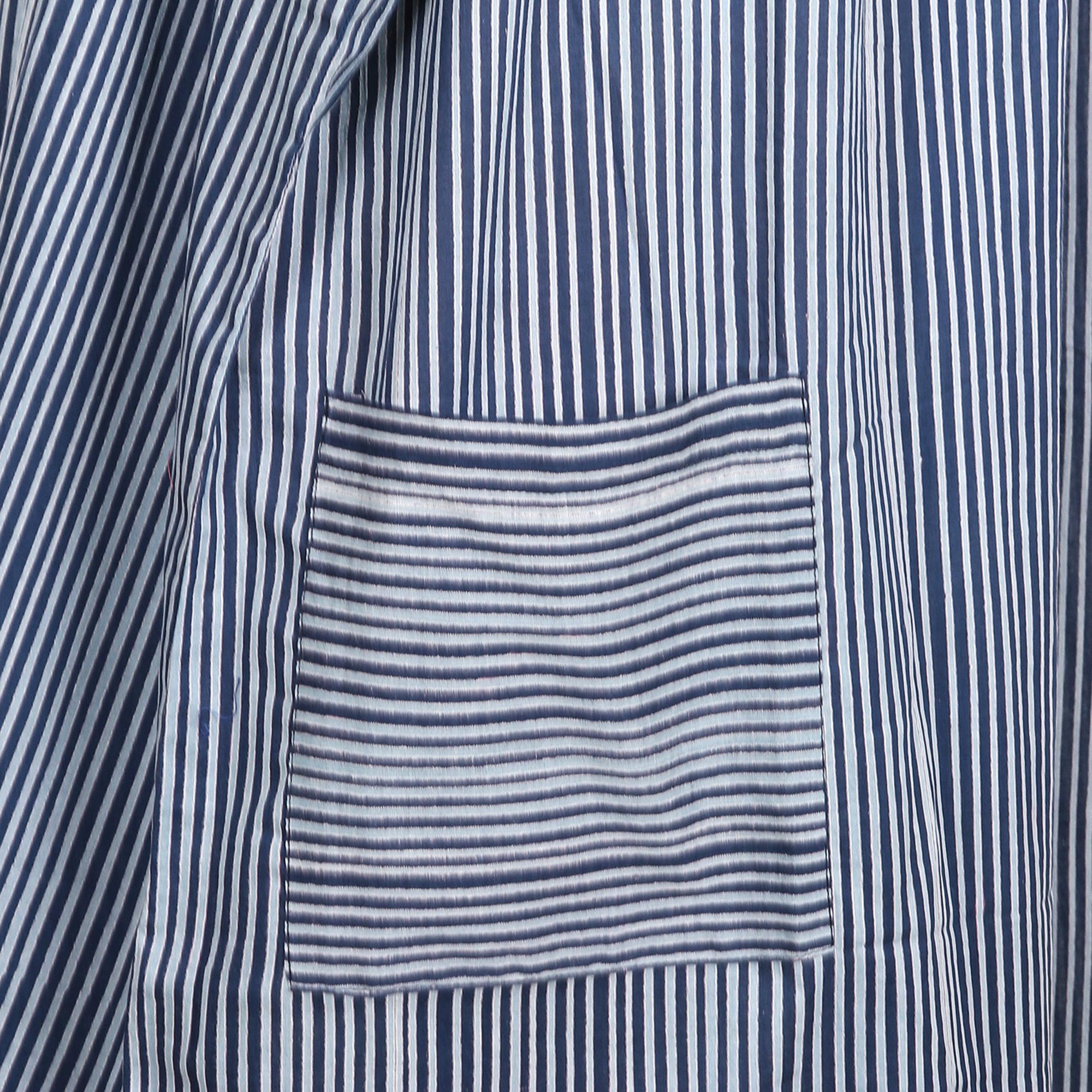 Premium Striped & Floral Cotton Caftan Dress - Dark & Light Blue