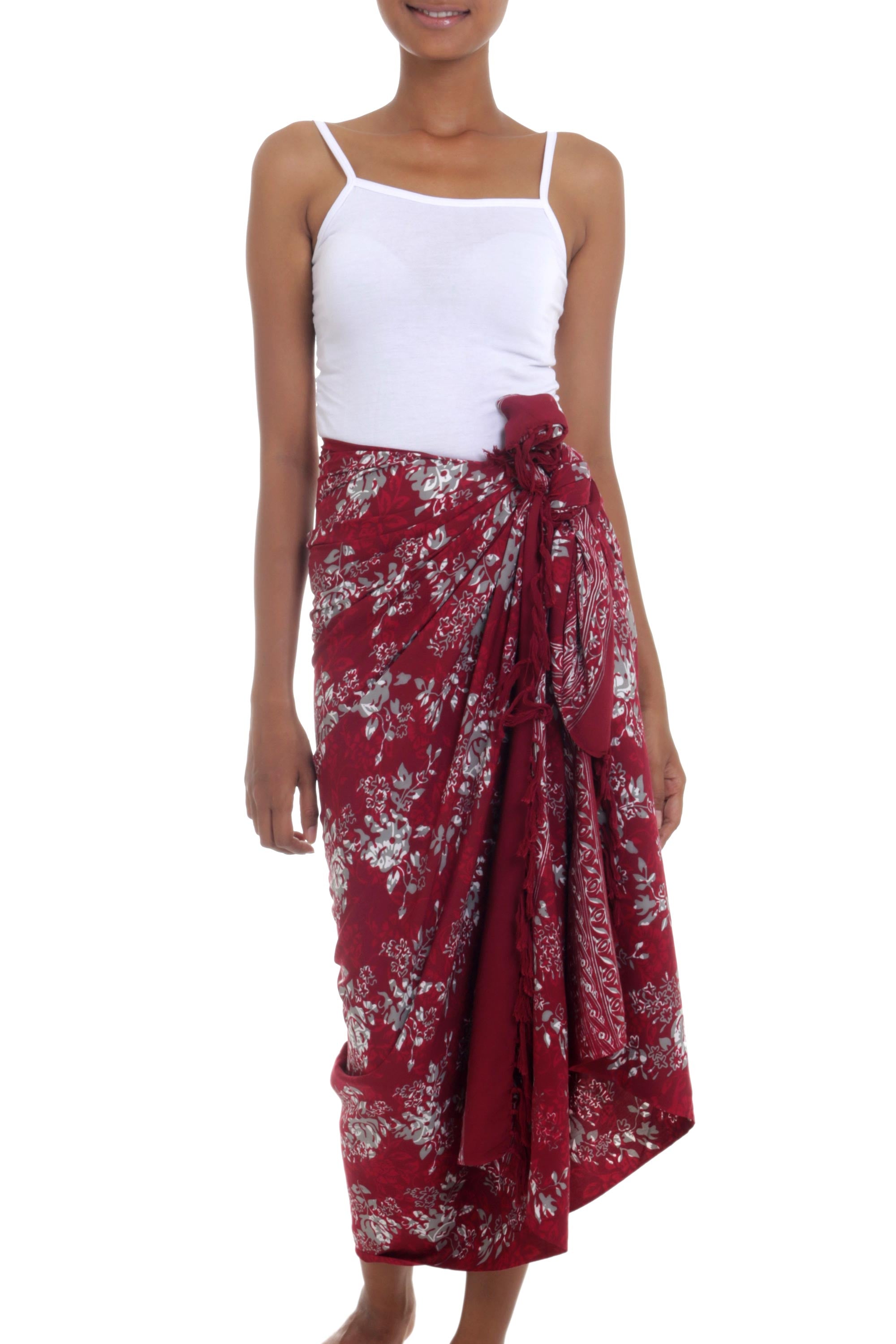 Premium Tropical Garden Sarong - Handcrafted Batik Floral Design in Claret Red