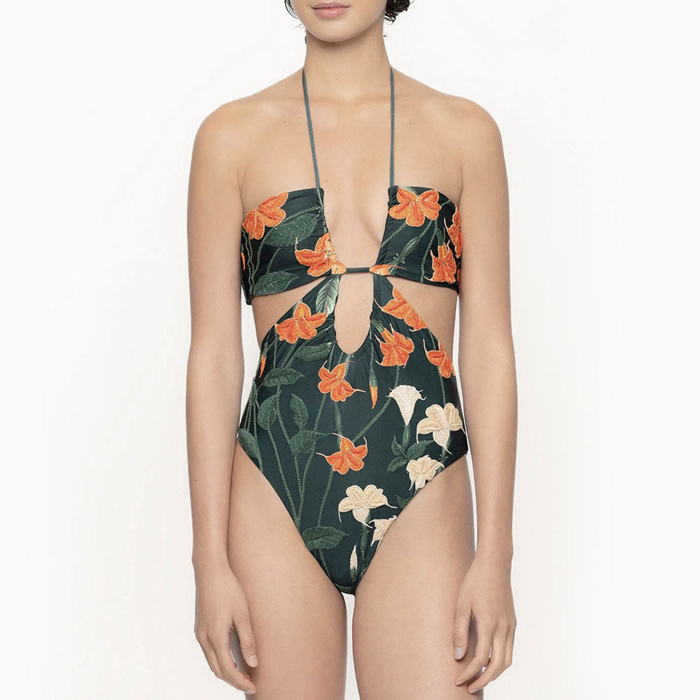 Premium Floral Print Cutout Halter Monokini - Ultimate Brazilian One-Piece Swimsuit