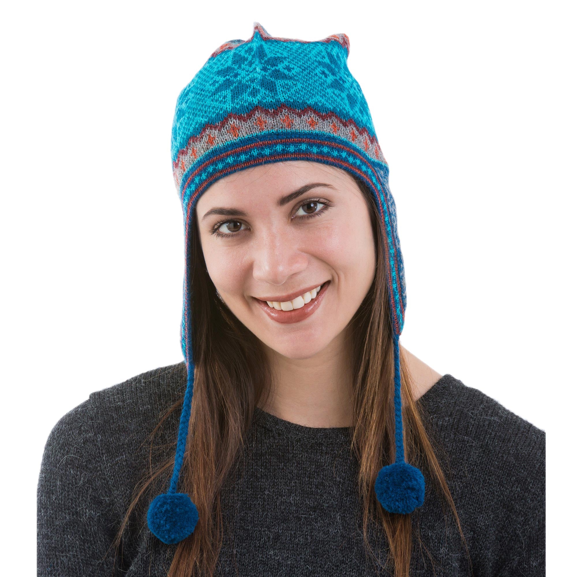 Premium Andean Alpaca Chullo Hat - Azure & Smoke Snowflake Design