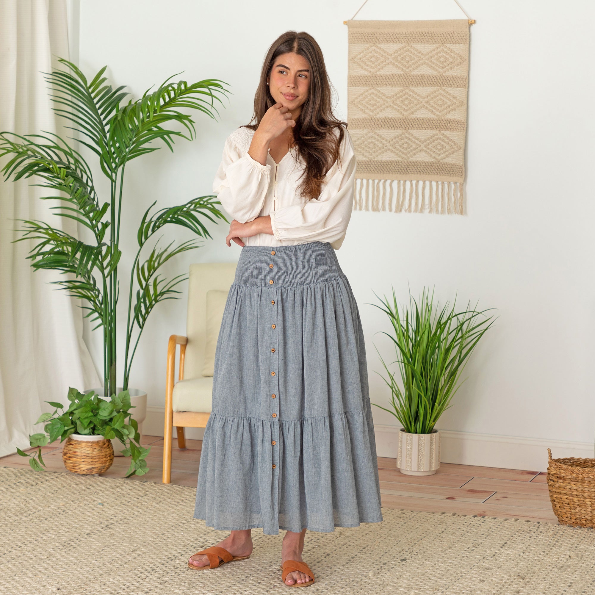 Premium Chambray Button-Down Tiered Skirt