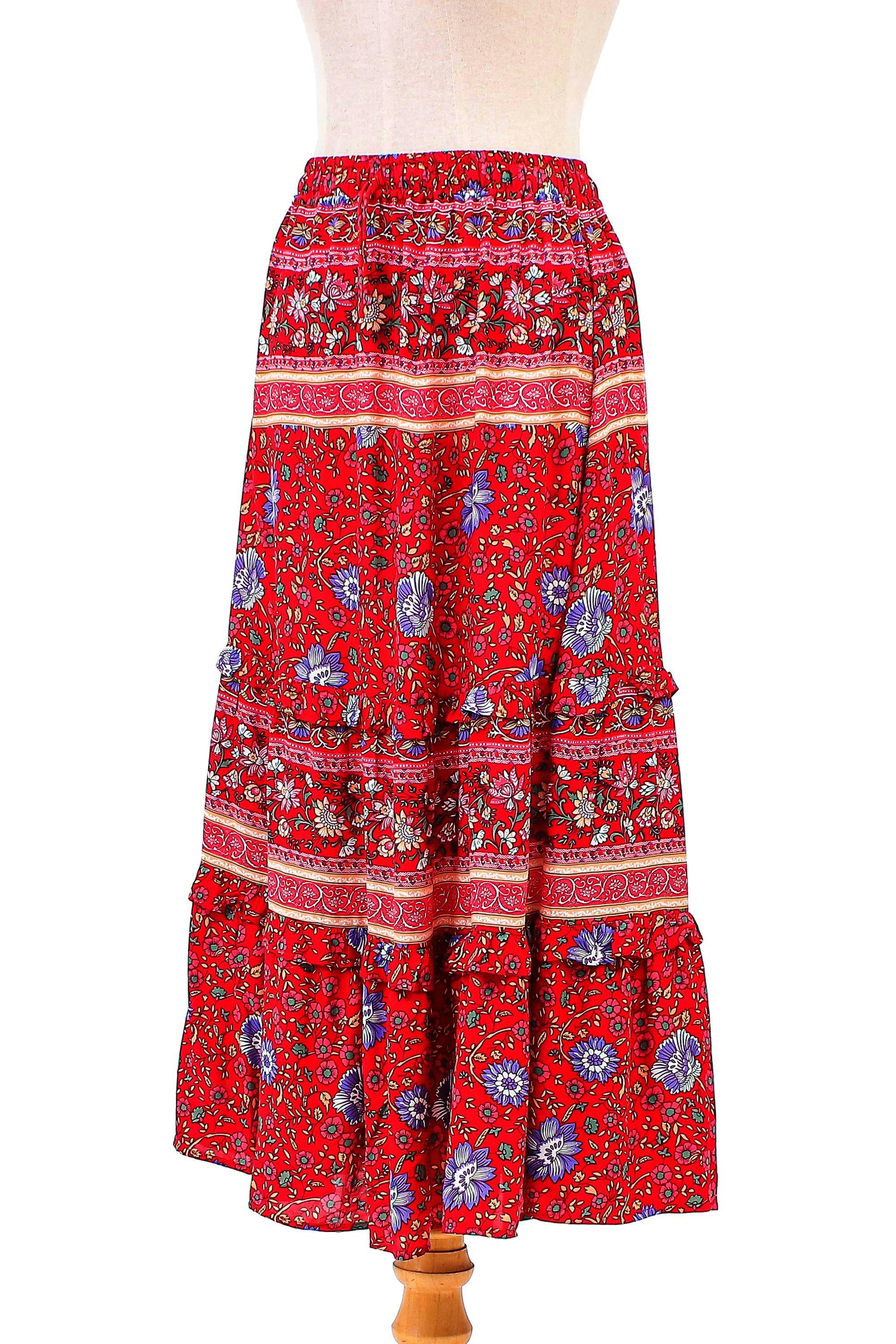 Premium Poppy Garden Floral Rayon Skirt - Handcrafted in Thailand