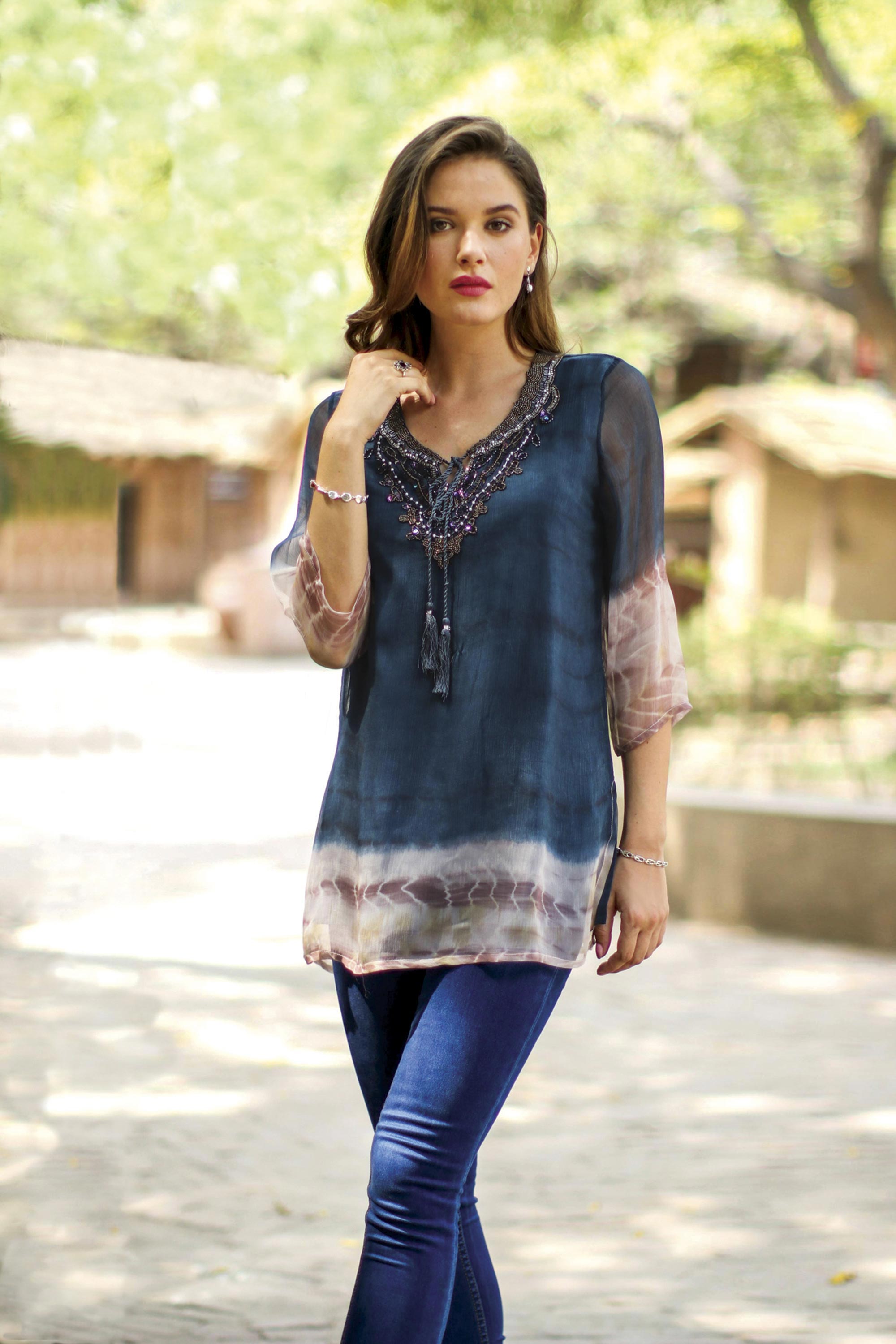 Premium Azure Tie-Dye Viscose Tunic - Handcrafted in India