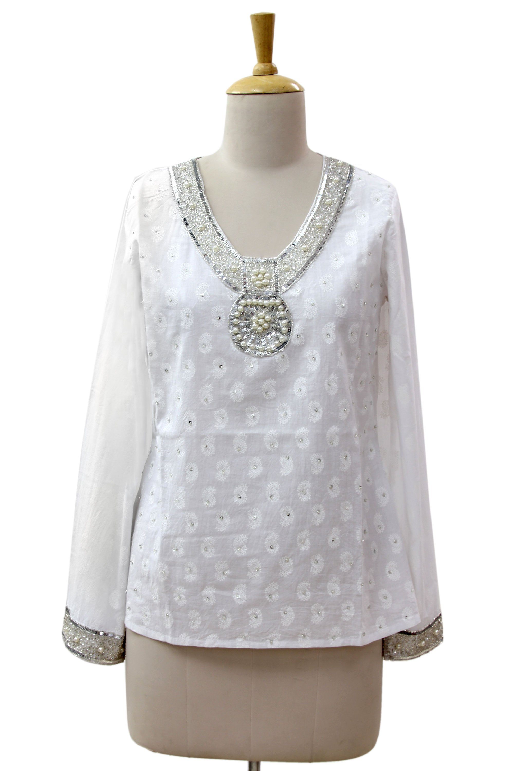 Premium Handcrafted Cotton Beaded Blouse - Elegant White