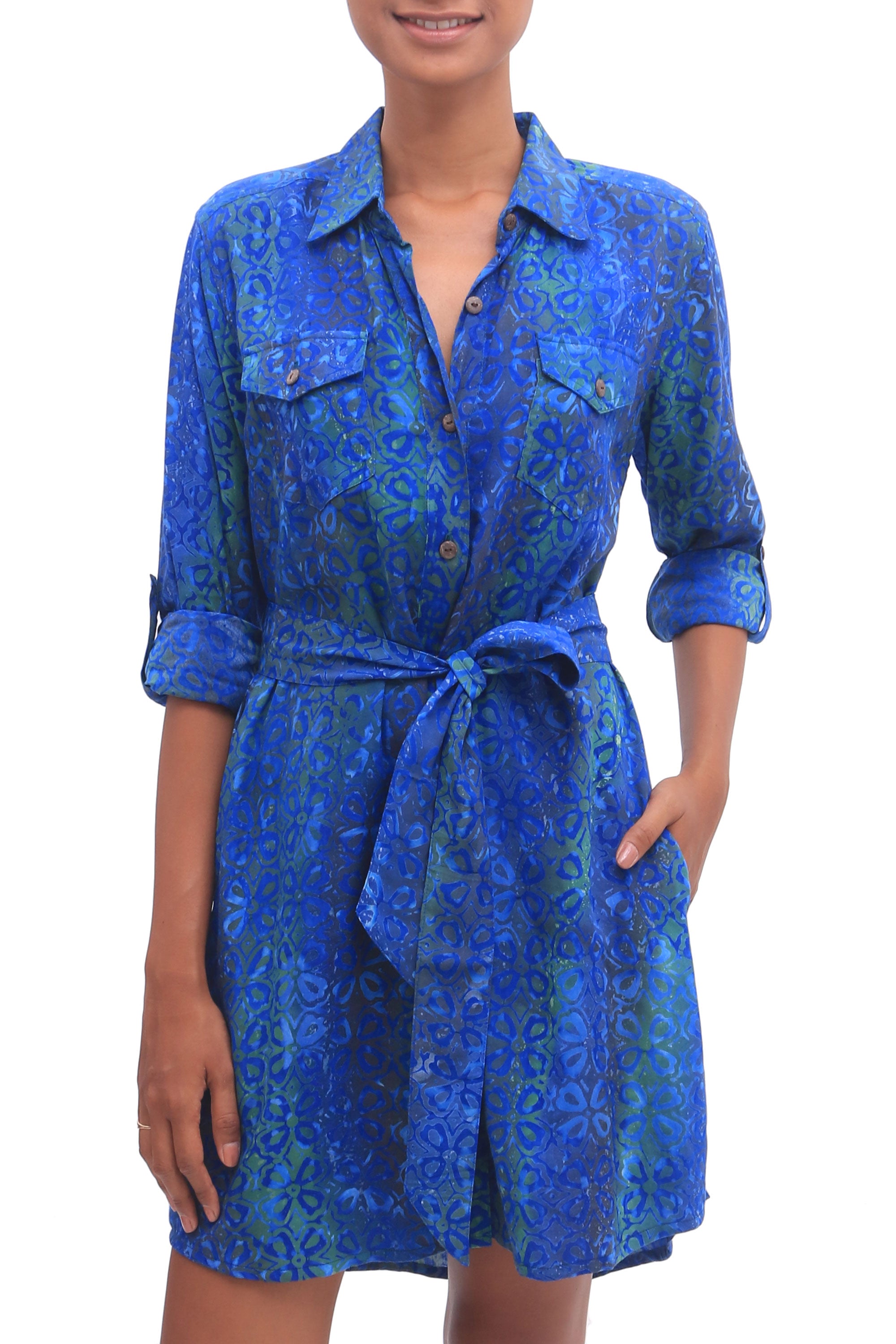 Premium Ocean Orchid Rayon Batik Shirtdress - Blue & Green Floral Print