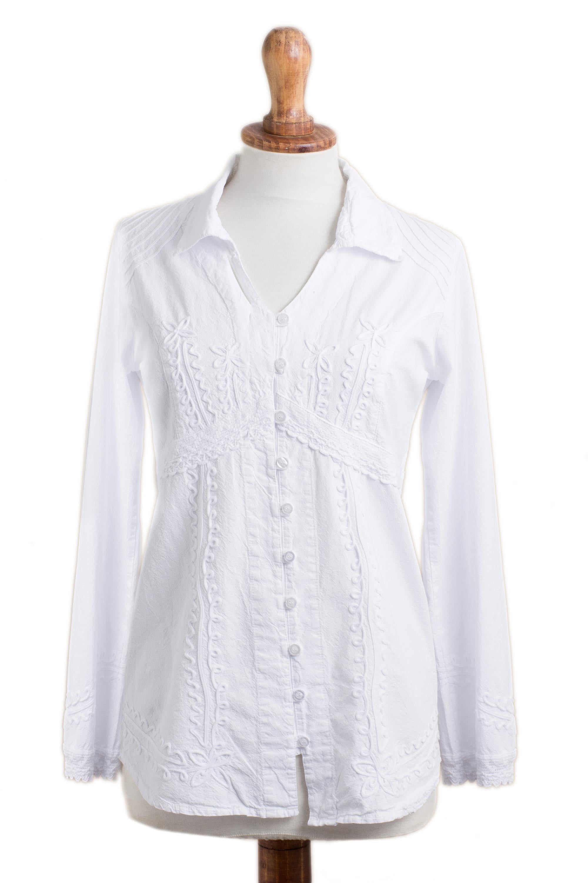 Premium White Blouse with Hand-Embroidered Lily of the Incas Design