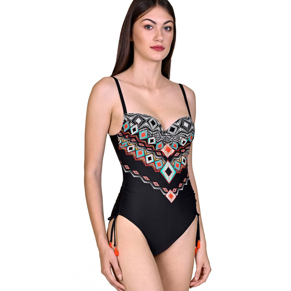 Premium Ethnic Geometric Sweetheart One-Piece Swimsuit with Adjustable Fit