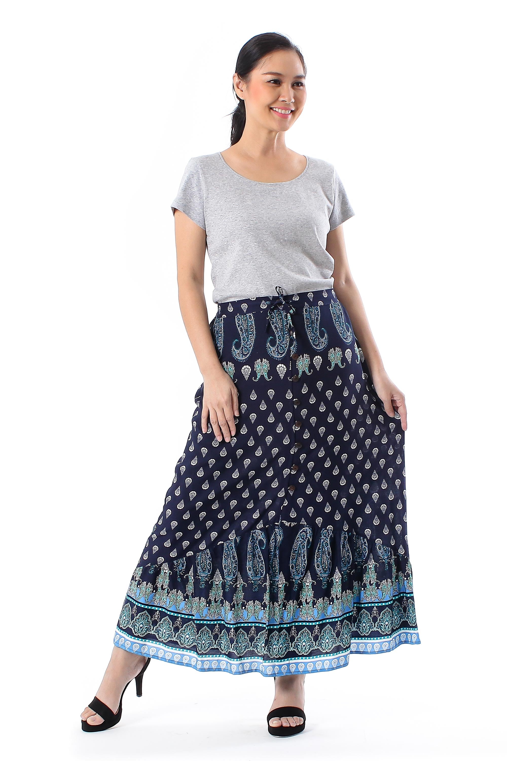 Premium Navy Paisley Rayon Maxi Skirt – Handcrafted in Thailand