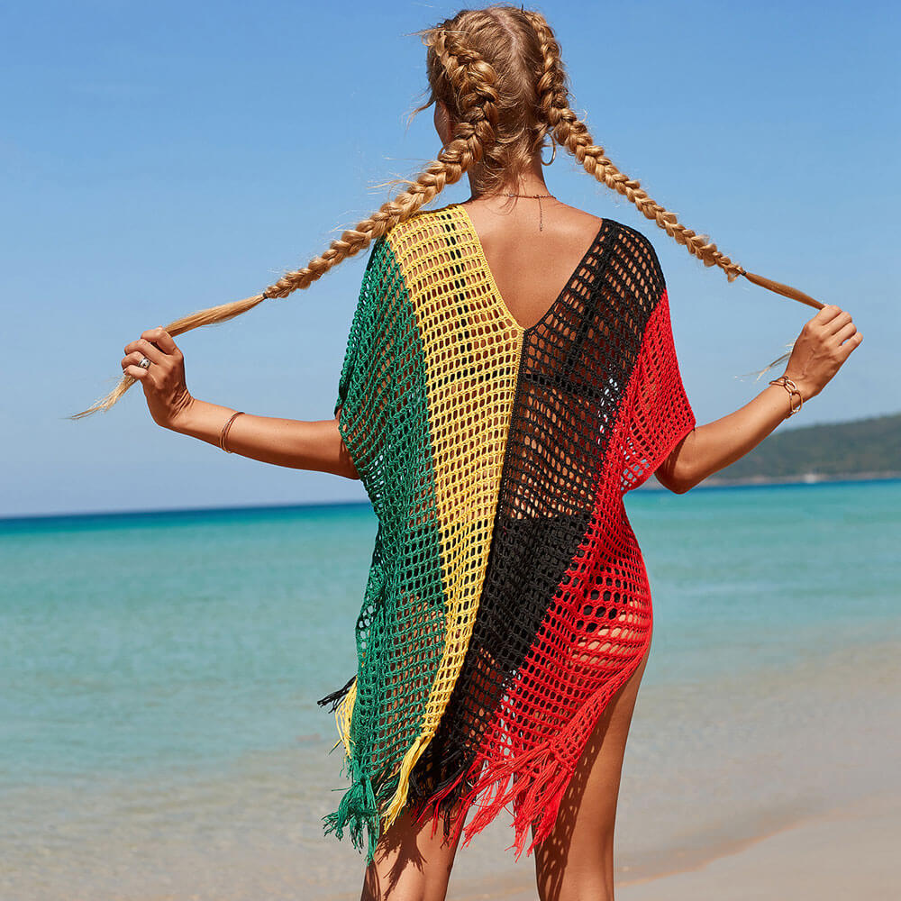 Premium Boho Rainbow Crochet Beach Cover-Up Dress