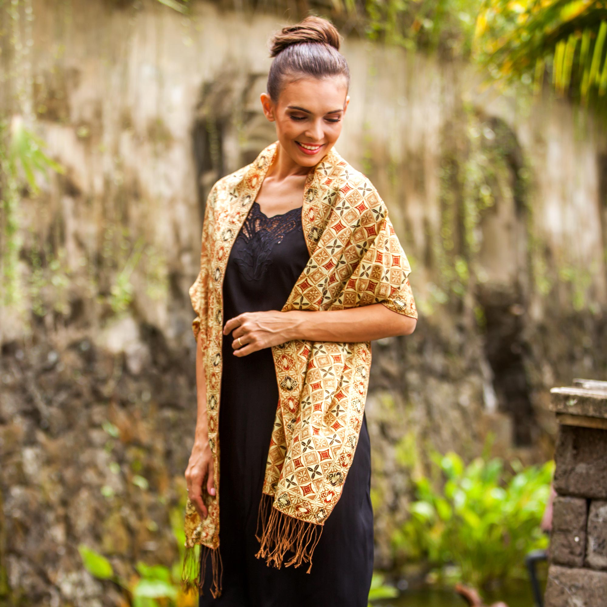 Premium Truntum Forest Ginger Batik Silk Shawl - Handcrafted in Bali