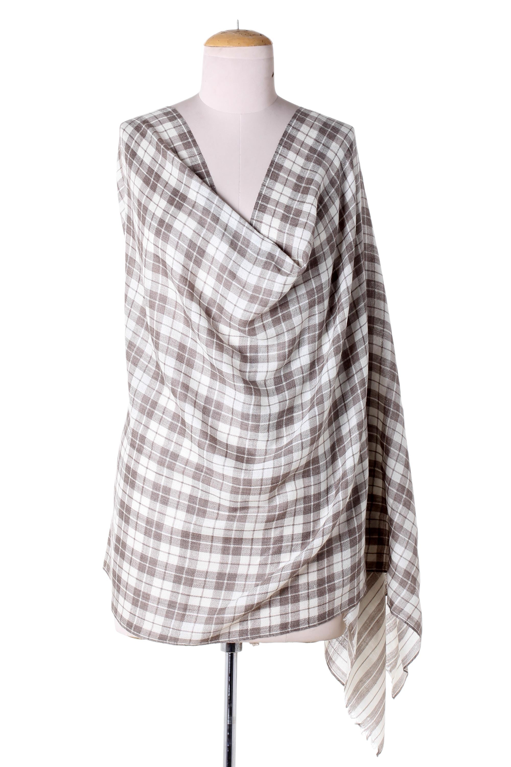 Premium Wool Shawl with Grey Checkered Pattern - Handcrafted in India