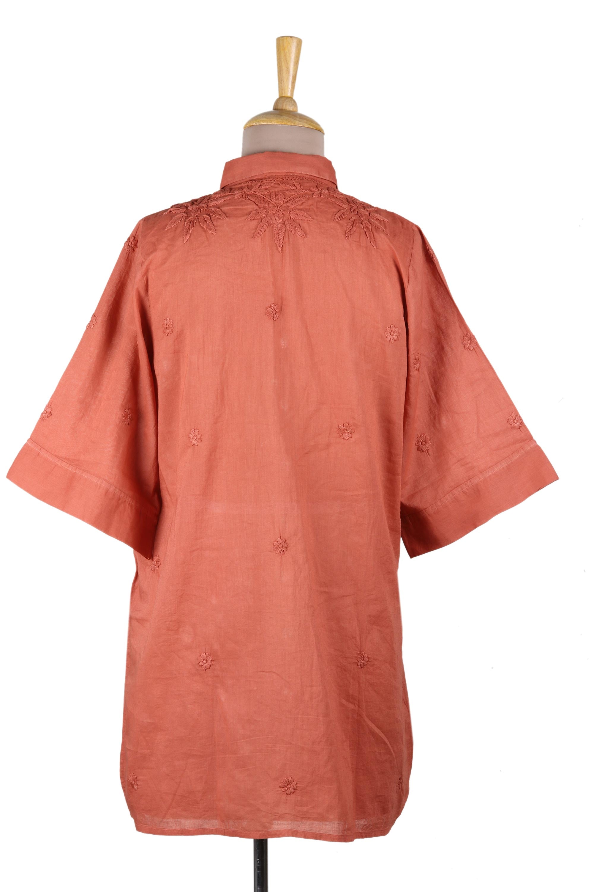 Premium Chikankari Embroidered Cotton Shirt - Terracotta Elegance