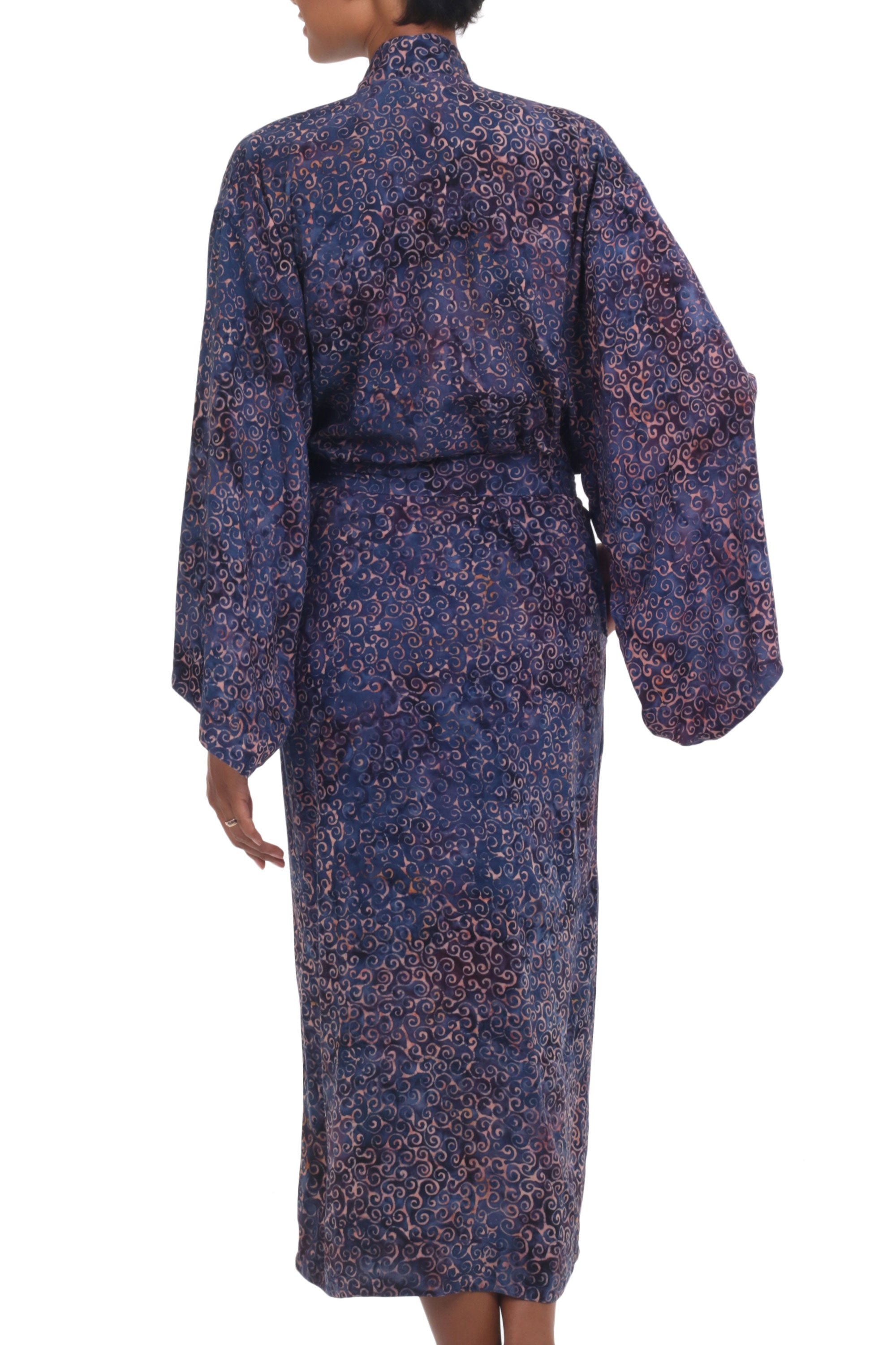 Premium Handcrafted Blue & Peach Batik Rayon Robe - Balinese Artisan Design