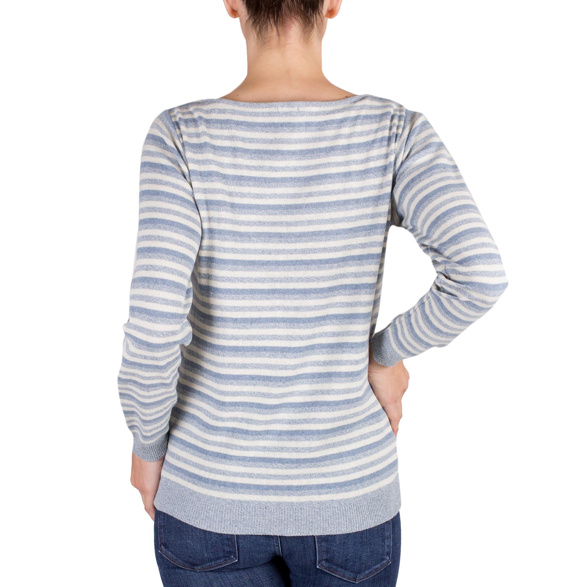 Premium Wedgwood Horizon Women's Blue & Ivory Striped Cotton Sweater