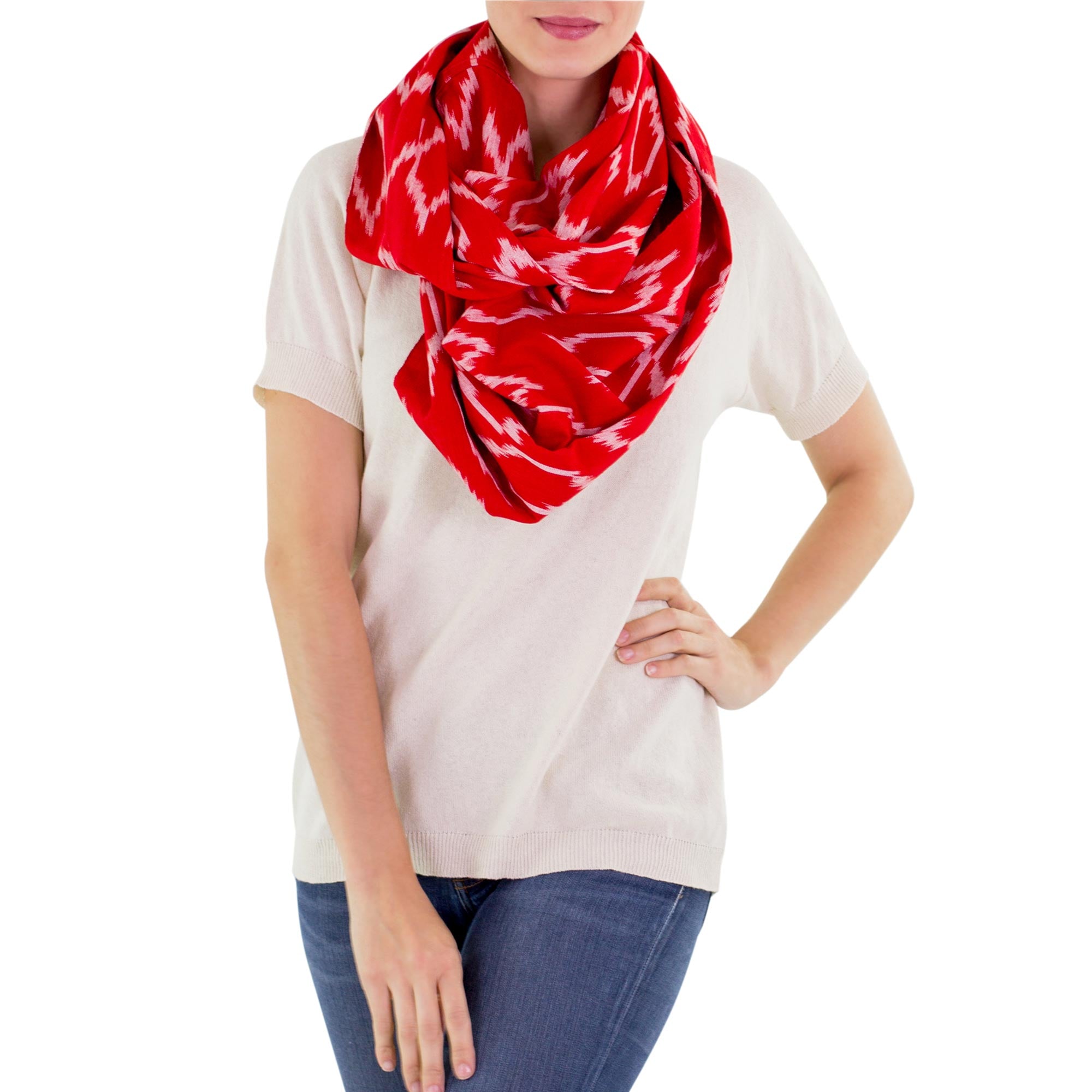 Premium Ruby Maya Infinity Scarf - Handwoven Cotton with Modern Red & White Jaspe Pattern