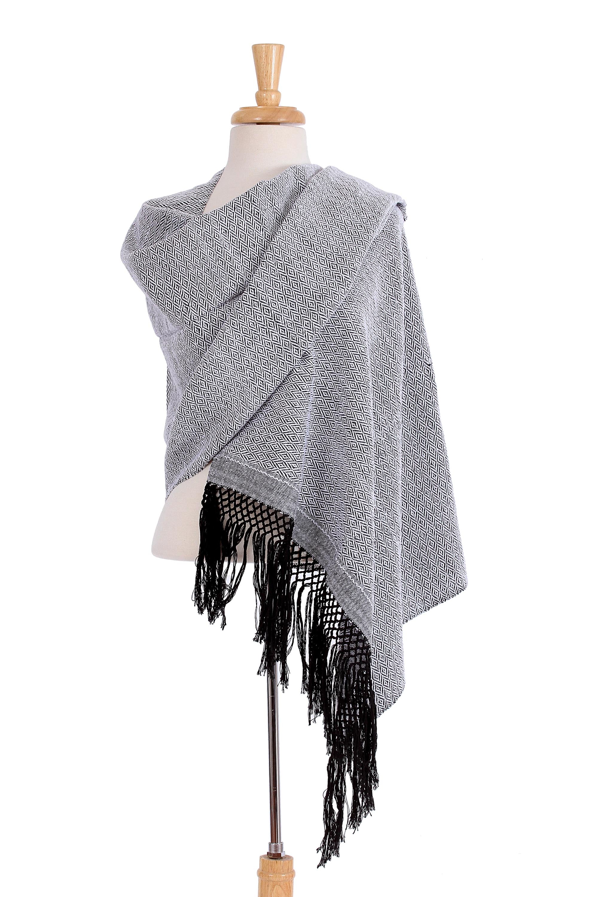 Premium Handwoven Zapotec Cotton Rebozo Shawl - White & Black Striped Diamonds