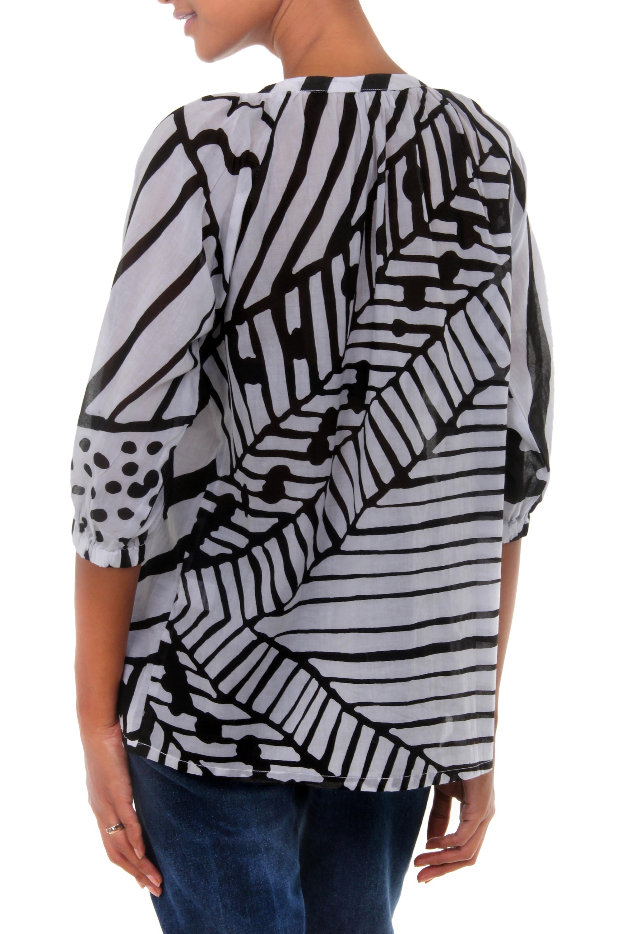 Premium Island Life Batik Cotton Blouse - Tropical Black & White