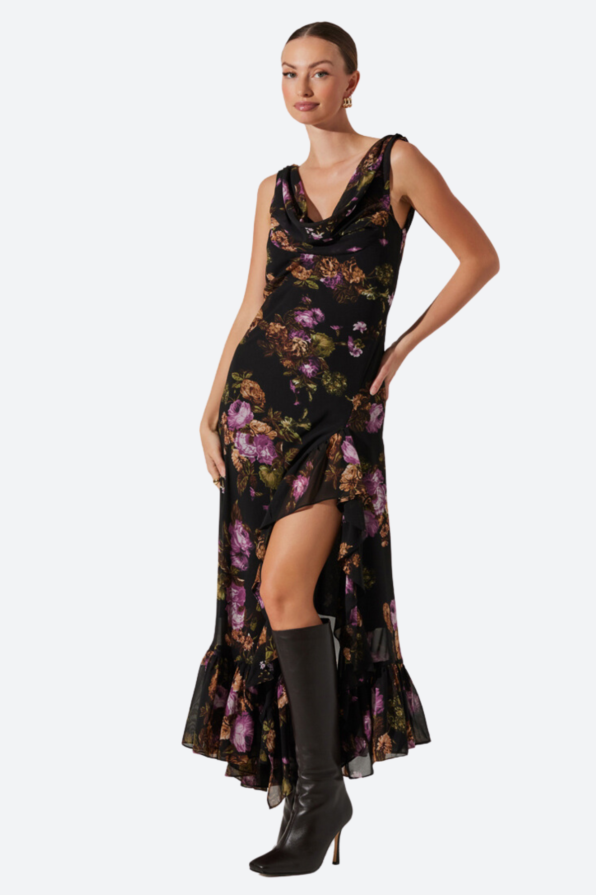 Premium ASTR Cecilia Maxi Dress: Black Purple Floral Elegance