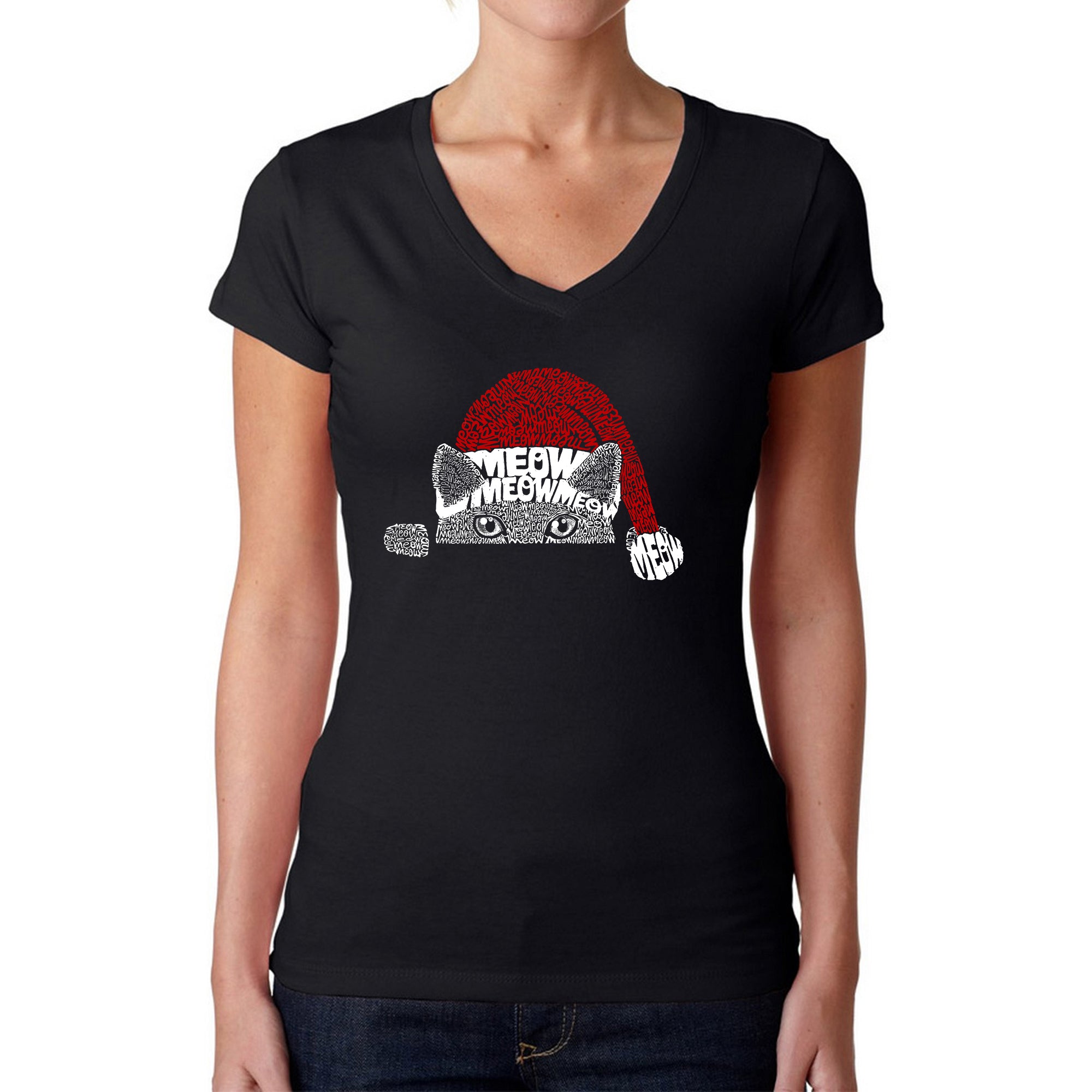 Premium Christmas Peeking Cat - Women's Ultimate Word Art V-Neck T-Shirt