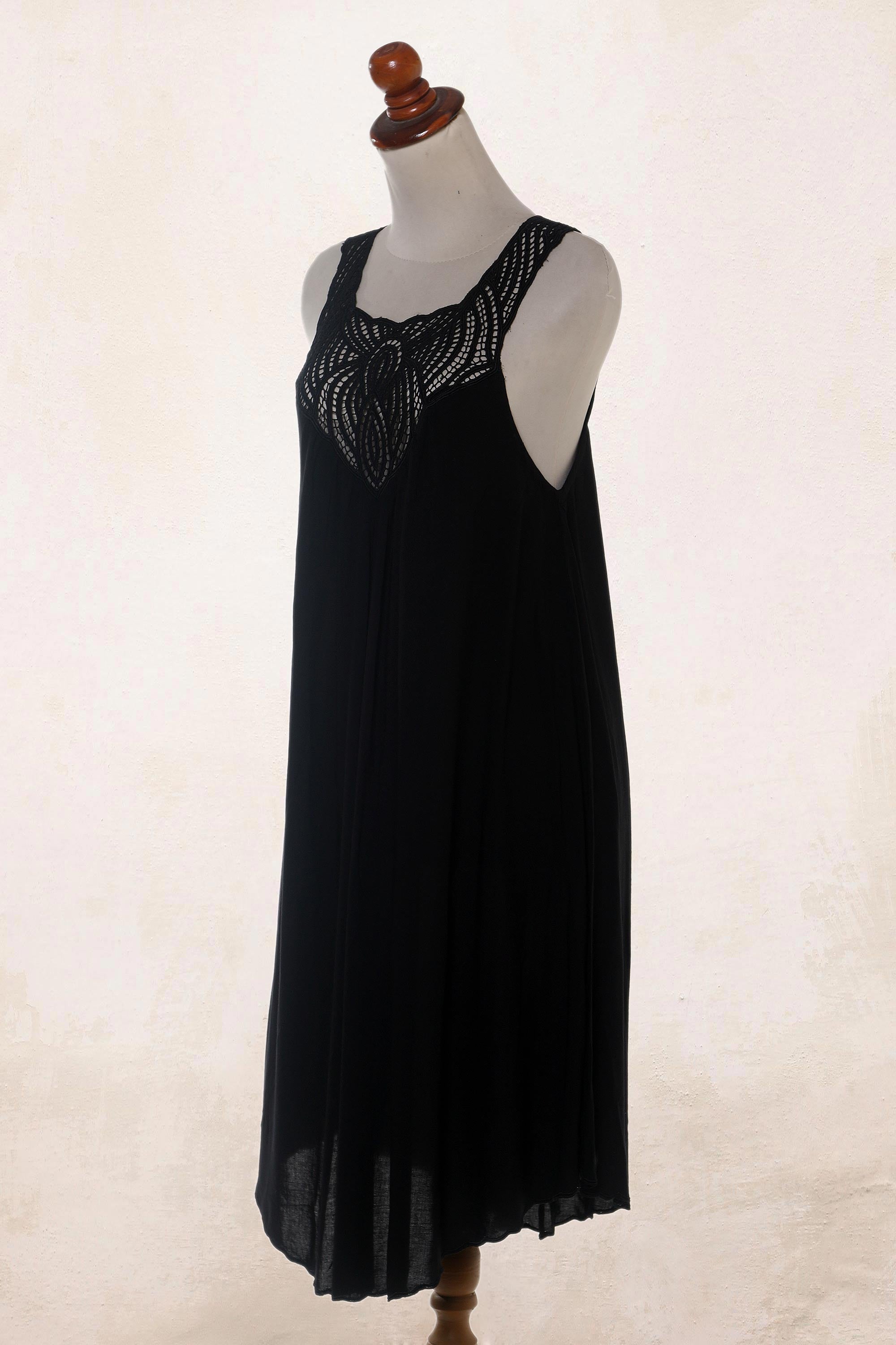 Premium Black Cotton Dress with Hand-Embroidered Floral Motif