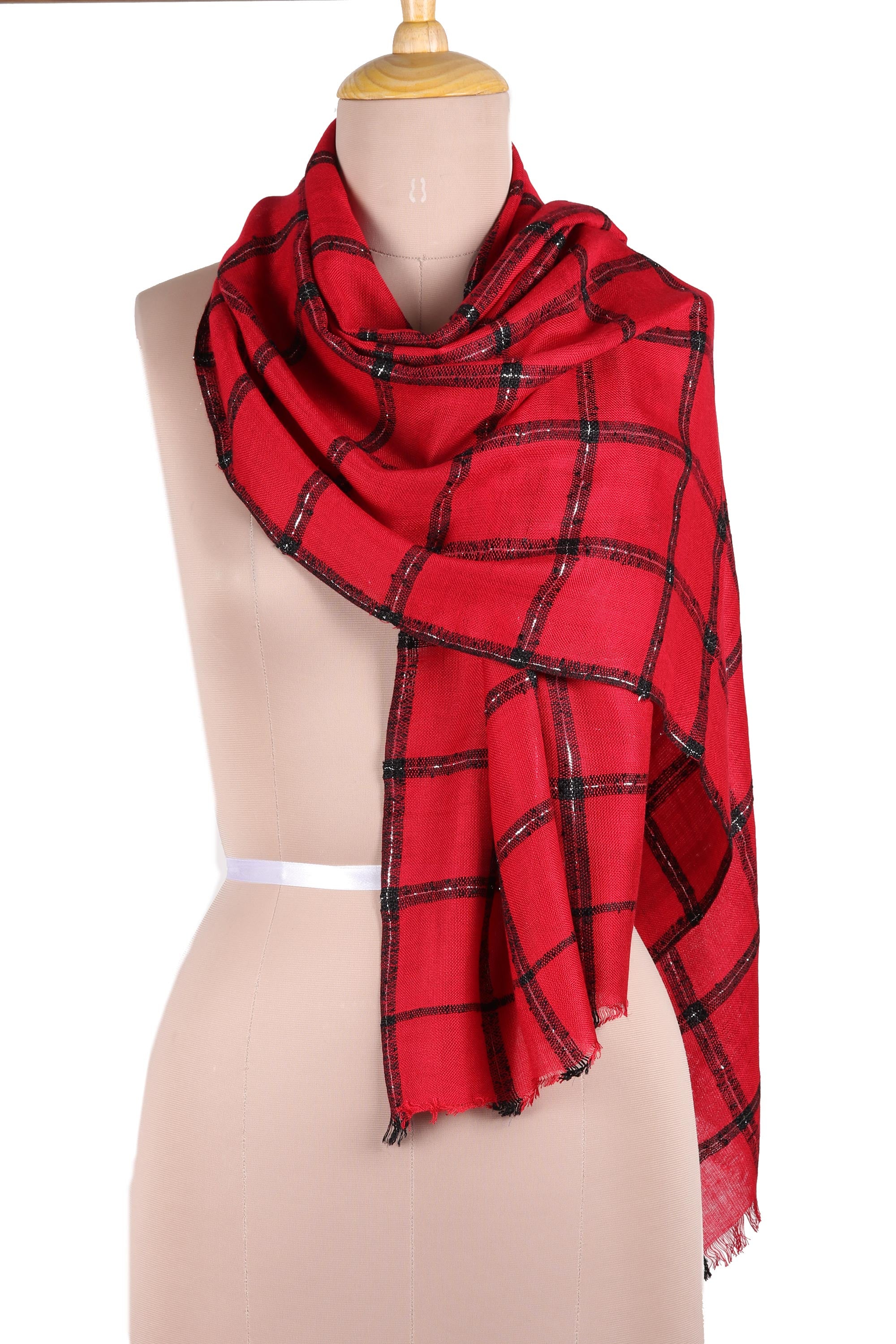 Premium Crimson Checks Wrap Scarf – Luxe Viscose Blend with Metallic Threads