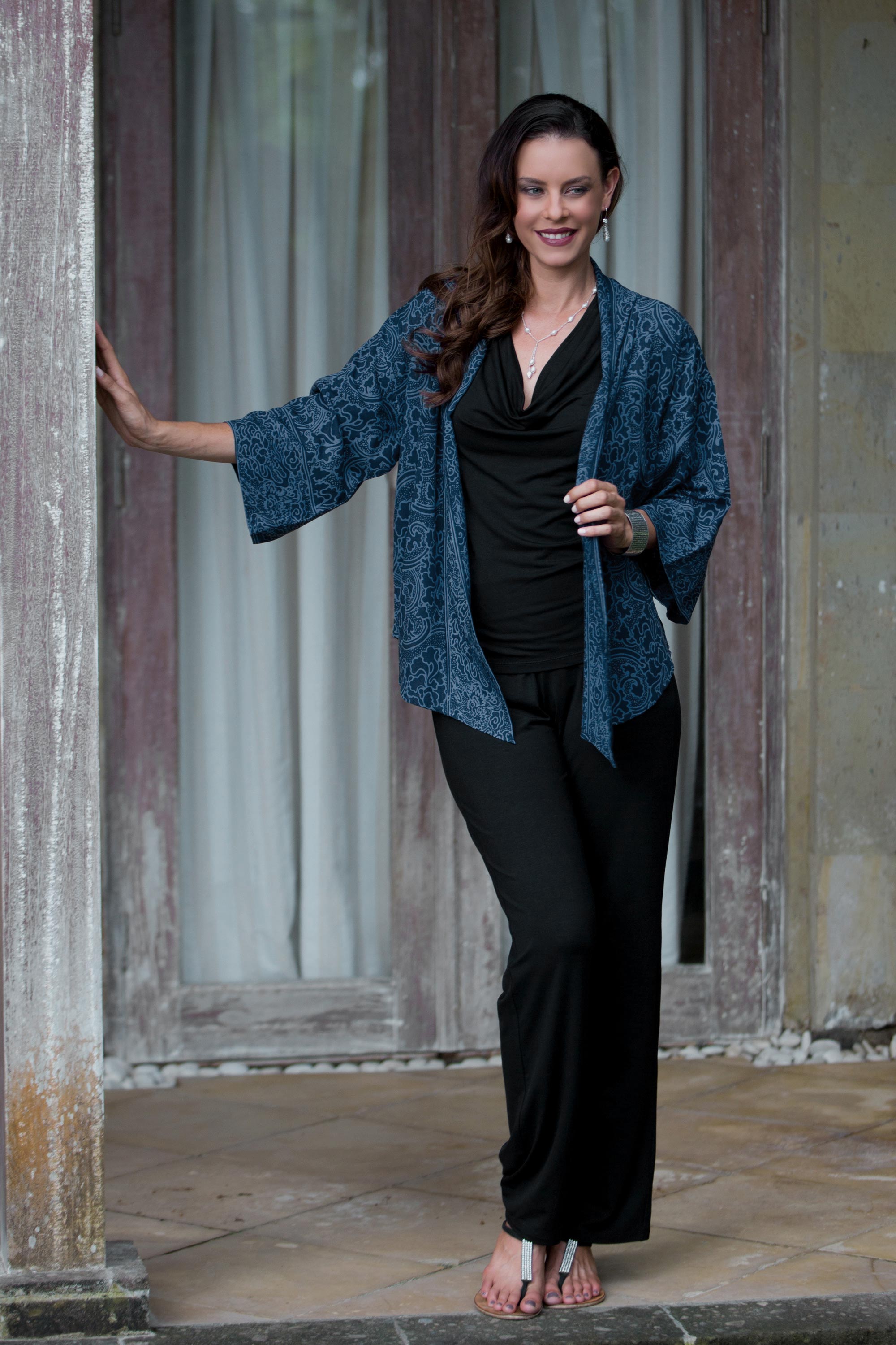 Premium Indigo Garden Blue Javanese Batik Rayon Kimono Jacket