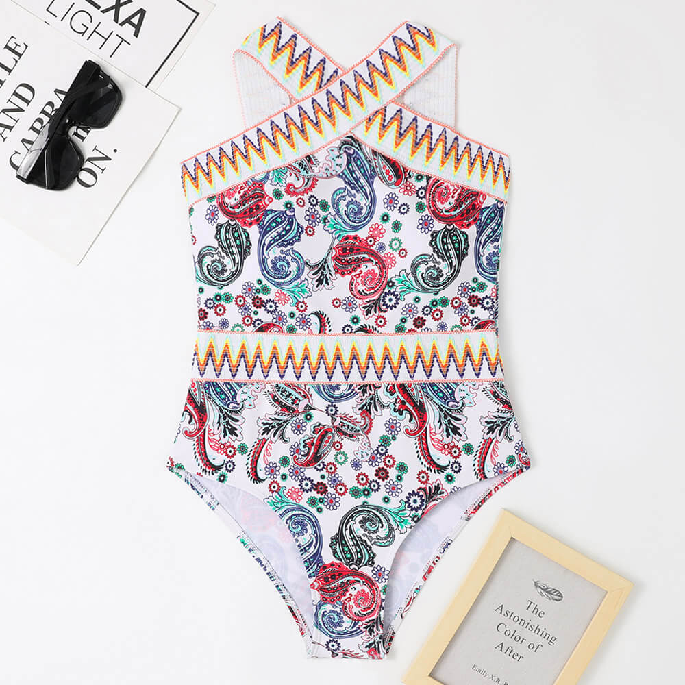 Premium Boho Wavy Paisley Print One-Piece Swimsuit – Ultimate Beachwear